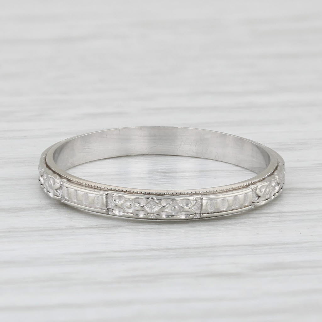 Light Gray Art Deco Floral Wedding Band 14k White Gold Size 6.25 Stackable Ring Vintage