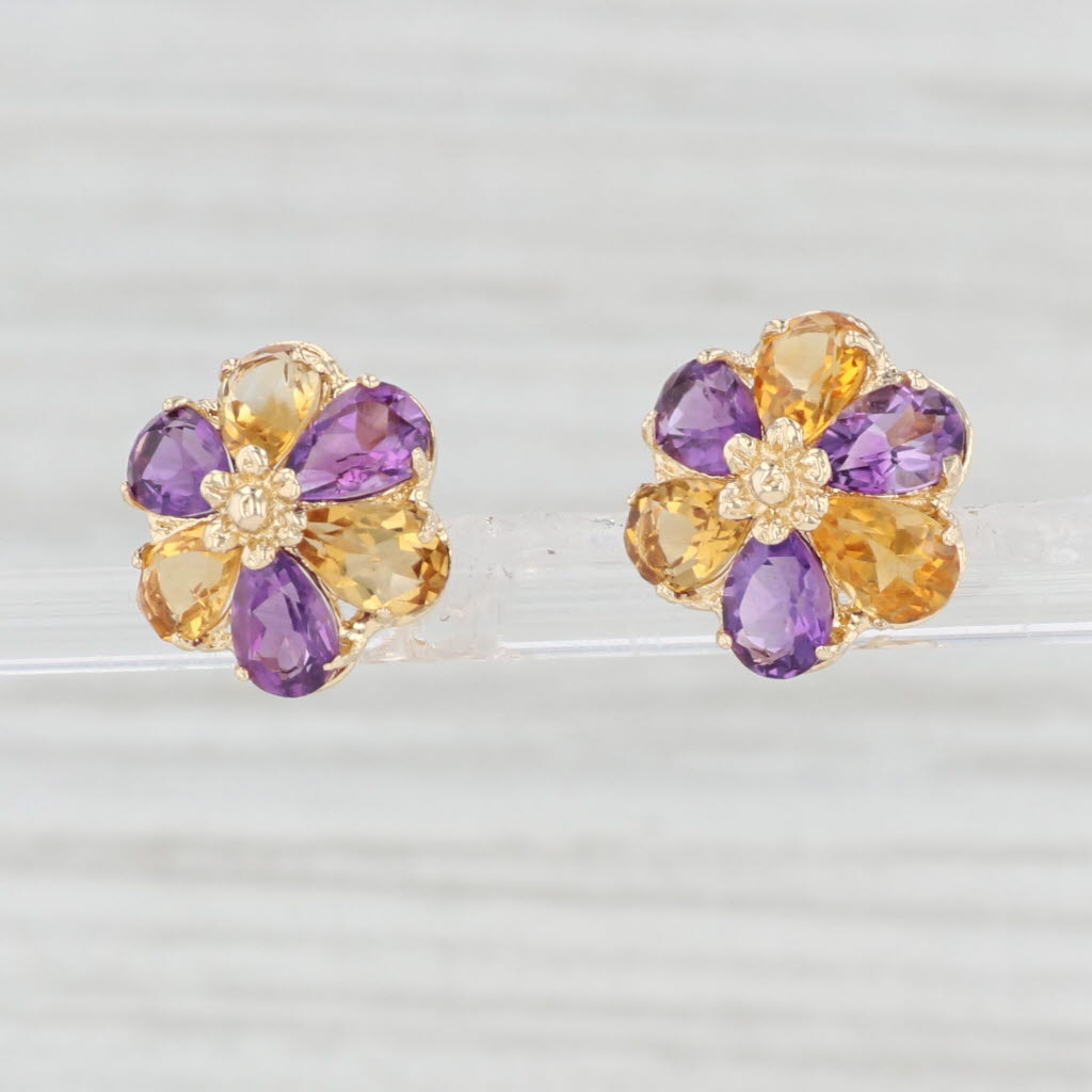 Light Gray 4.20ctw Amethyst Citrine Flower Stud Earrings 14k Yellow Gold