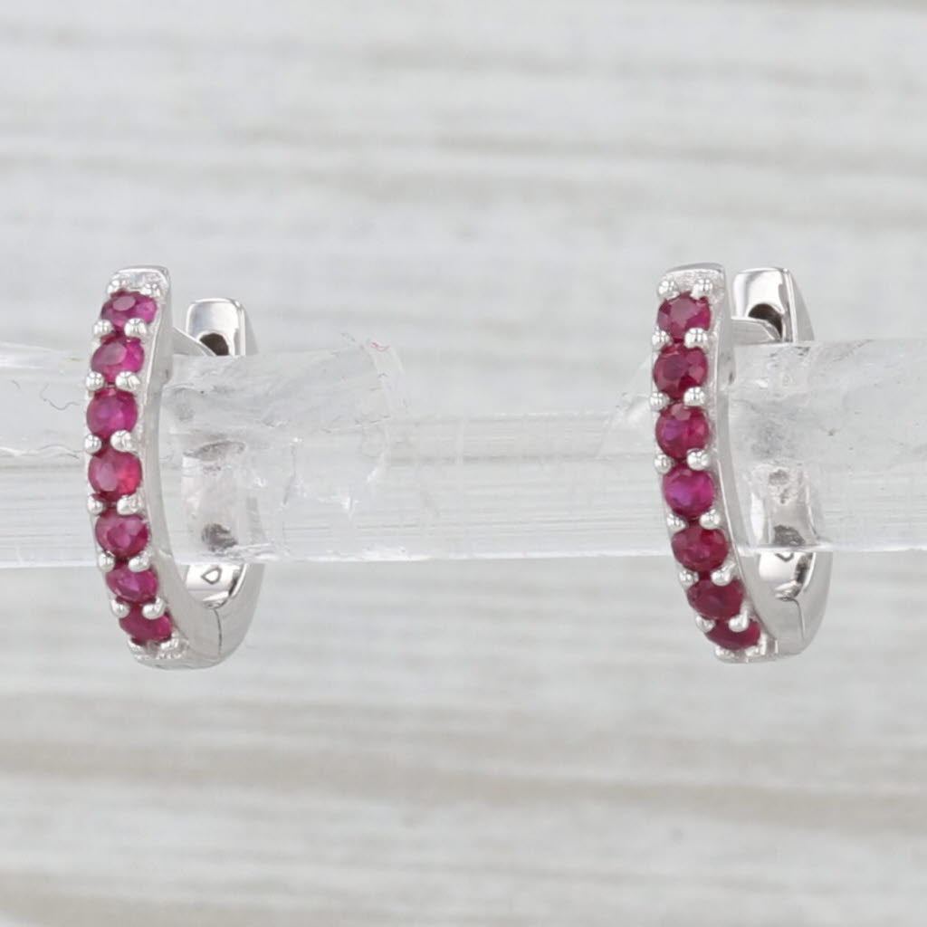 Light Gray 0.30ctw Ruby Hoop Huggie Earrings 14k White Gold Round Hoops Snap Top