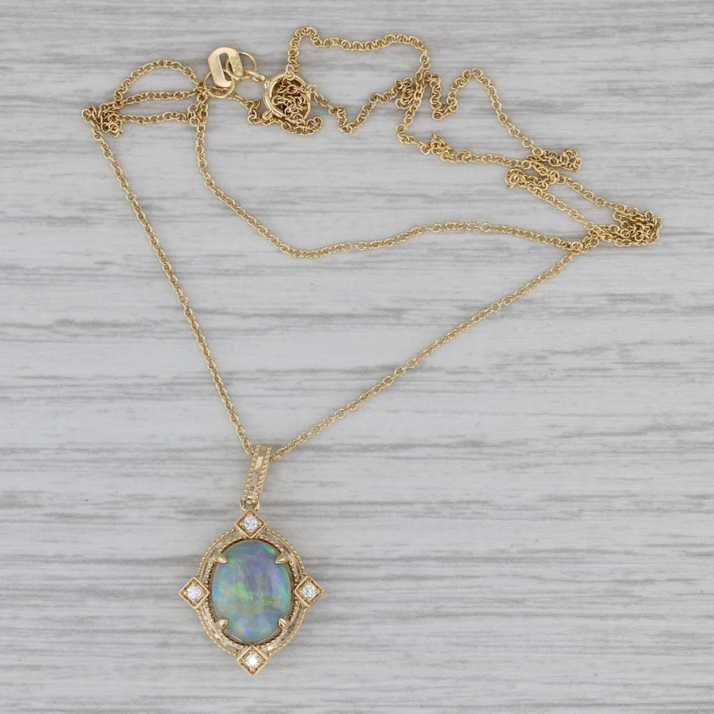 Gray New Opal Cabochon Diamond Pendant Necklace 14k Yellow Gold 18" Cable Chain