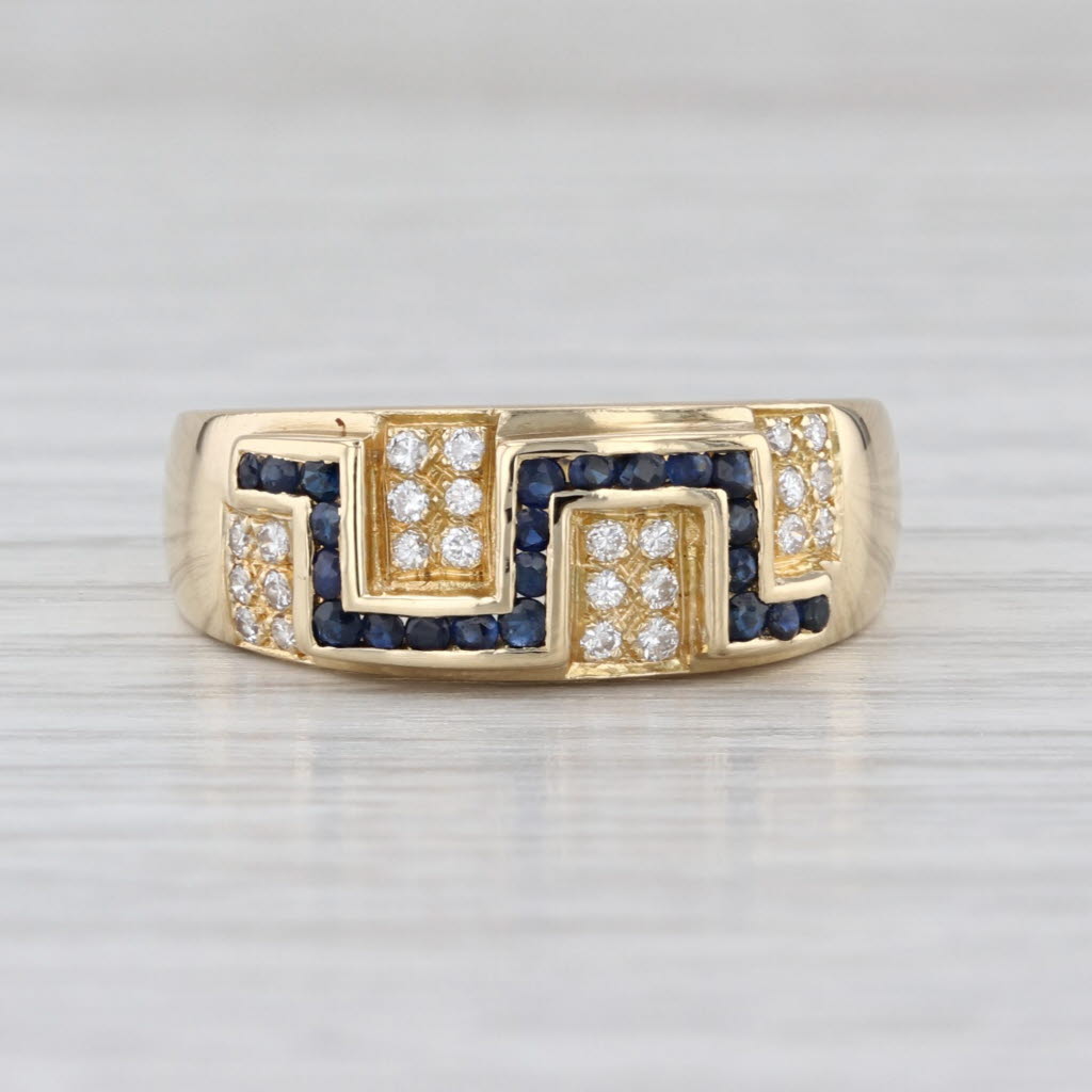 Vintage 0.40ctw Blue Sapphire Diamond Greek Key Ring 18k Yellow Gold Size 7-7.25