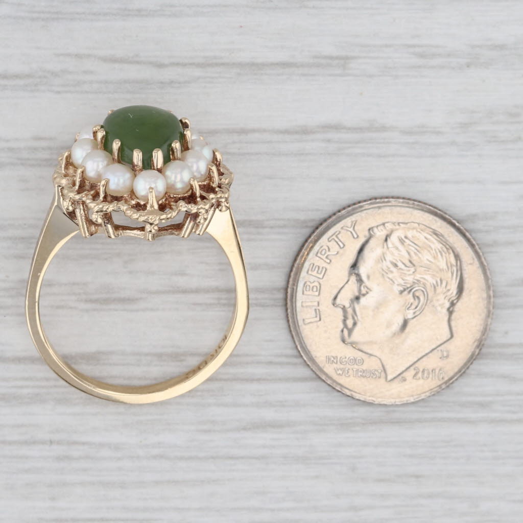 Light Gray Green Nephrite Jade Cultured Pearl Halo Teardrop Ring 10k Yellow Gold Size 6.25
