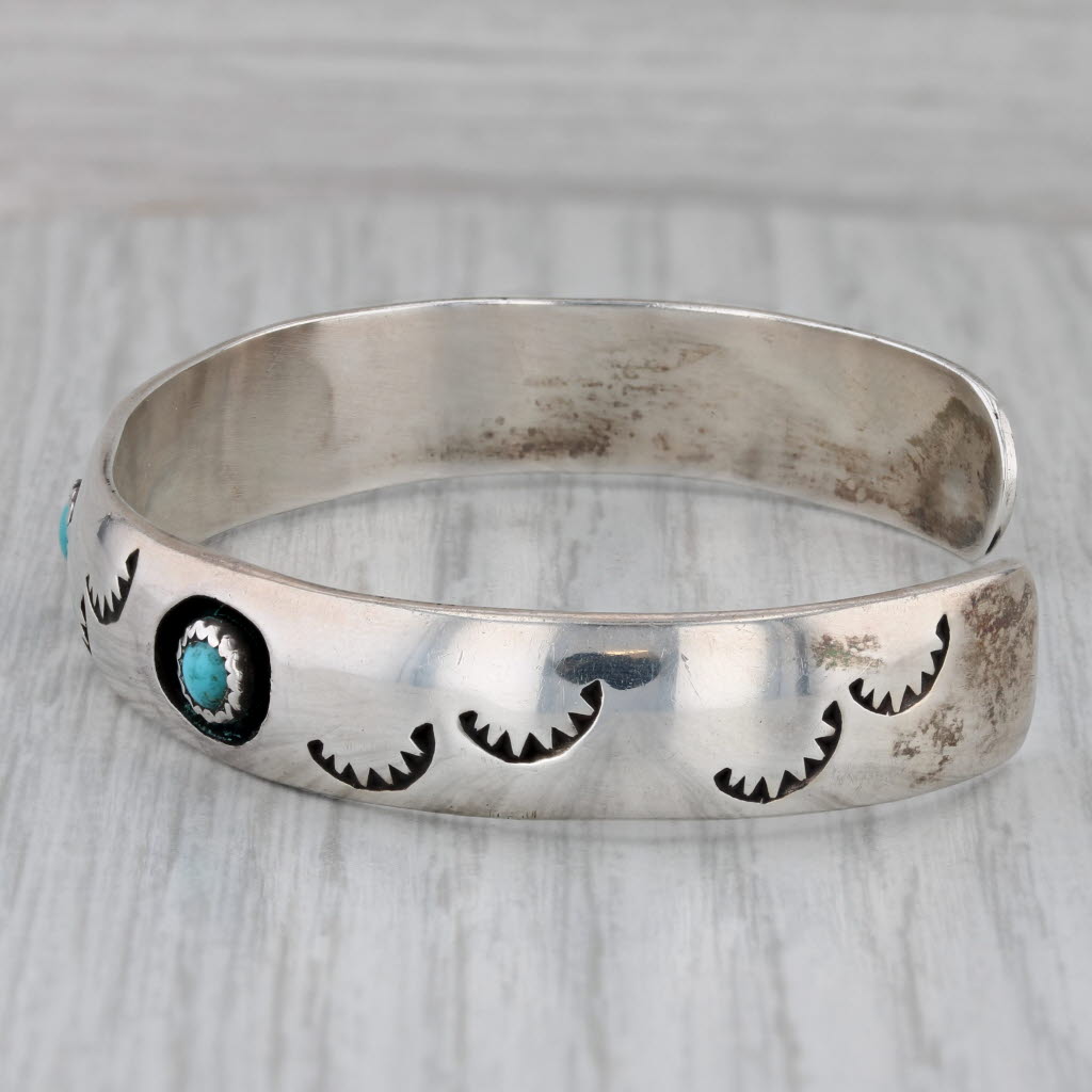 Dark Gray Vintage Native American Turquoise Cuff Bracelet Stamped Sterling Silver