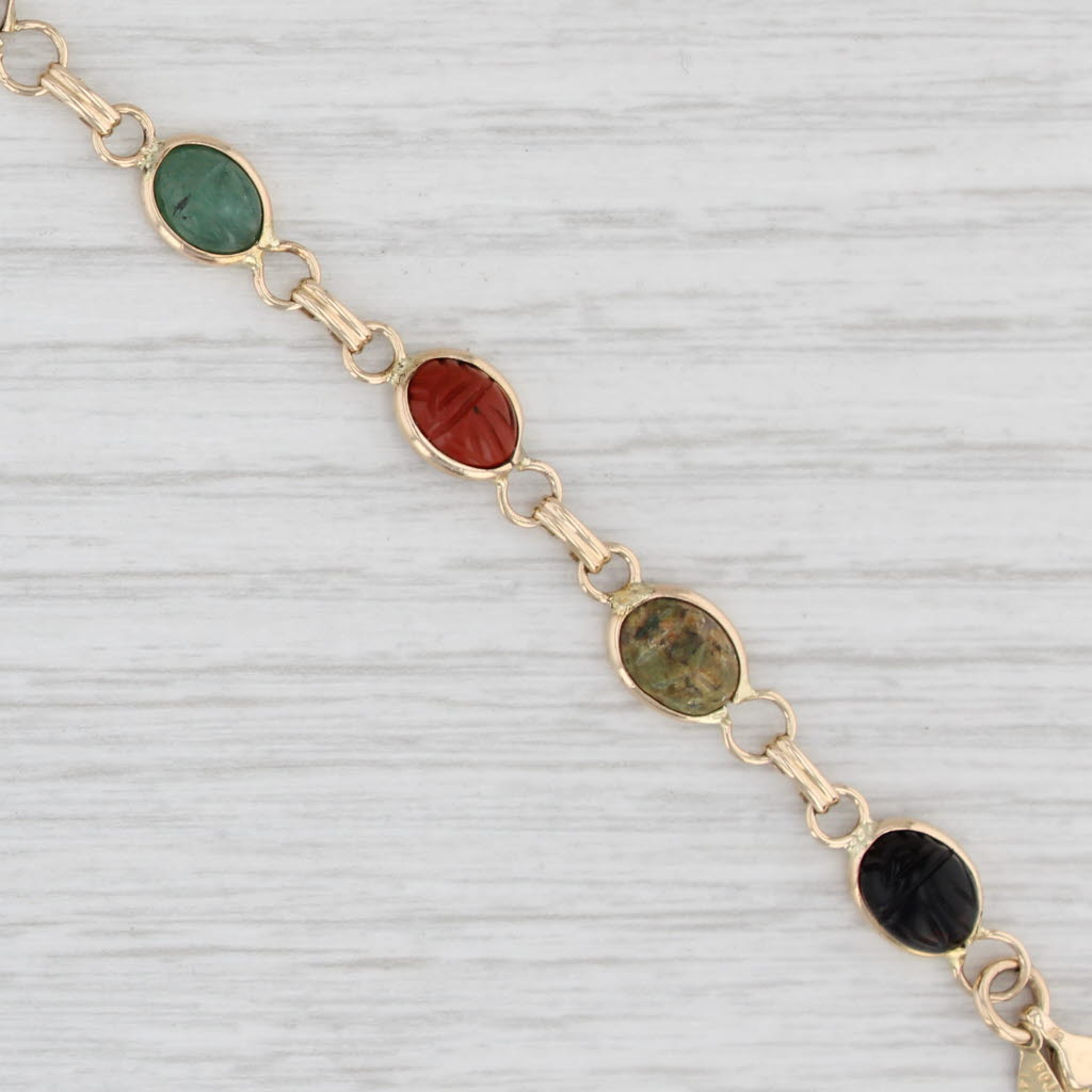 Light Gray Carved Stone Scarabs Bracelet 14k Gold Chalcedony Onyx Aventurine Quartz 7.5"