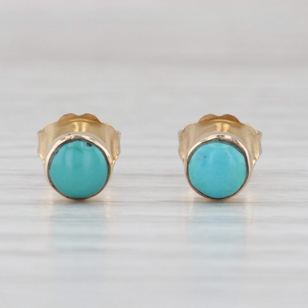 Turquoise Stud Earrings 14k Yellow Gold Round Cabochon Solitaire Studs