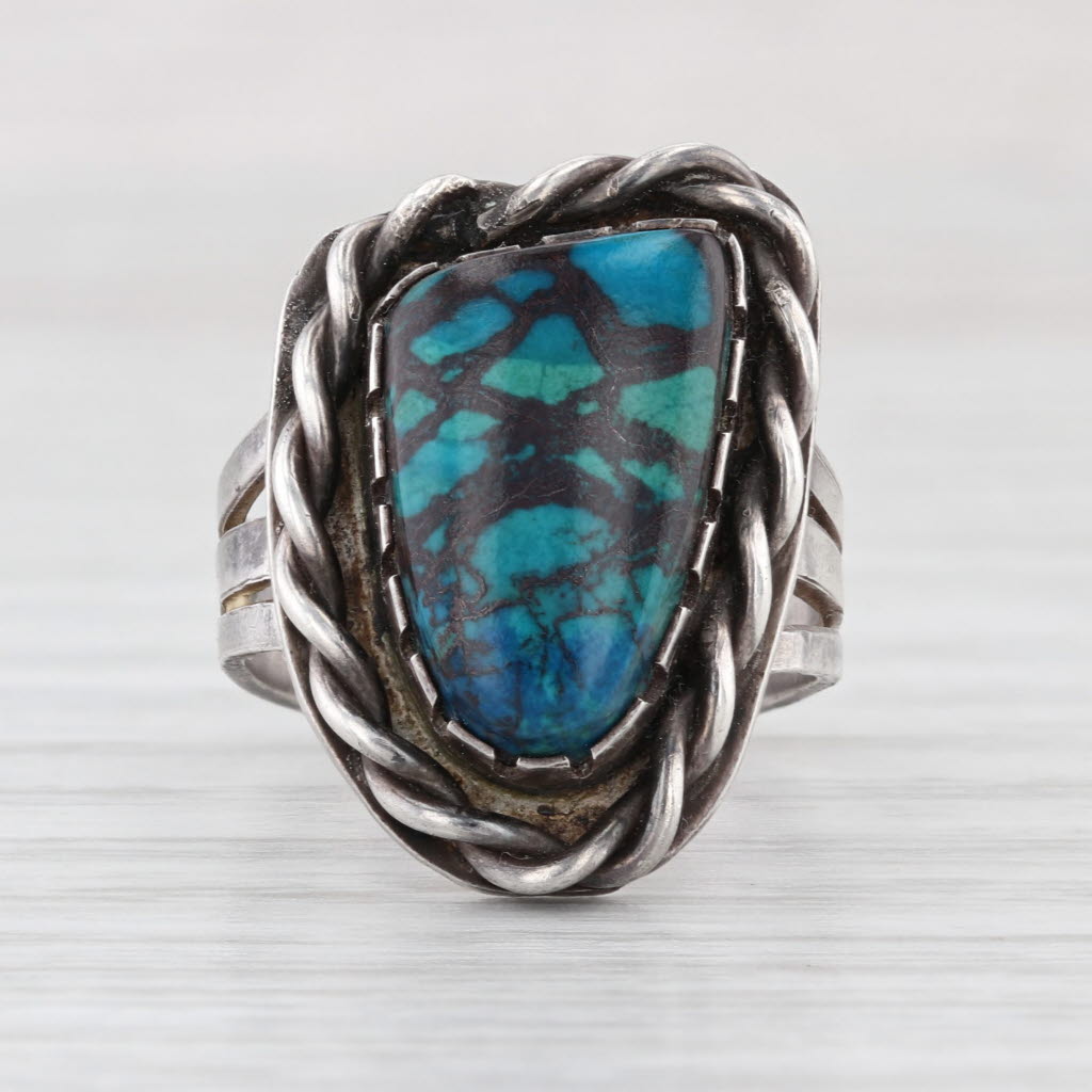 Imitation Turquoise Glass Ring Vintage Native American Sterling Silver Size 6.5