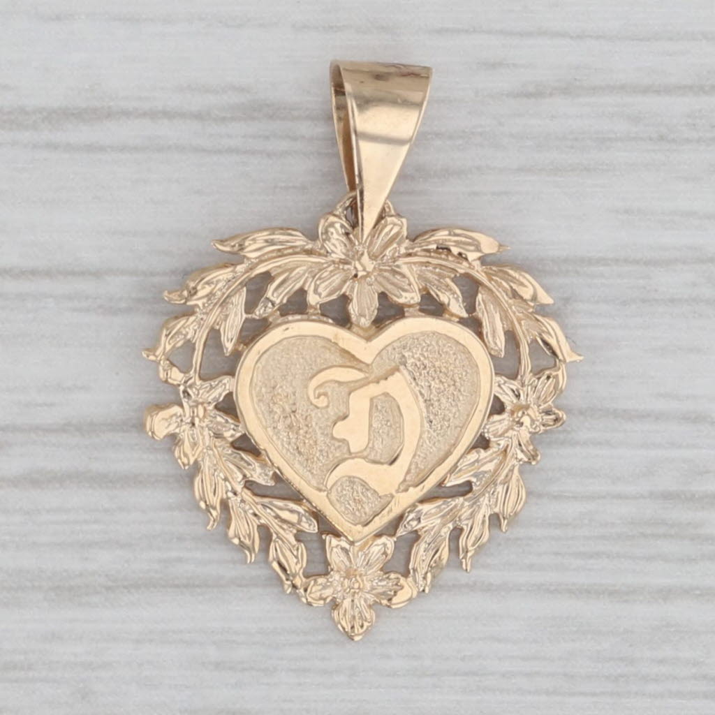 Gray Letter Initial D Floral Heart Pendant 14k Yellow Gold