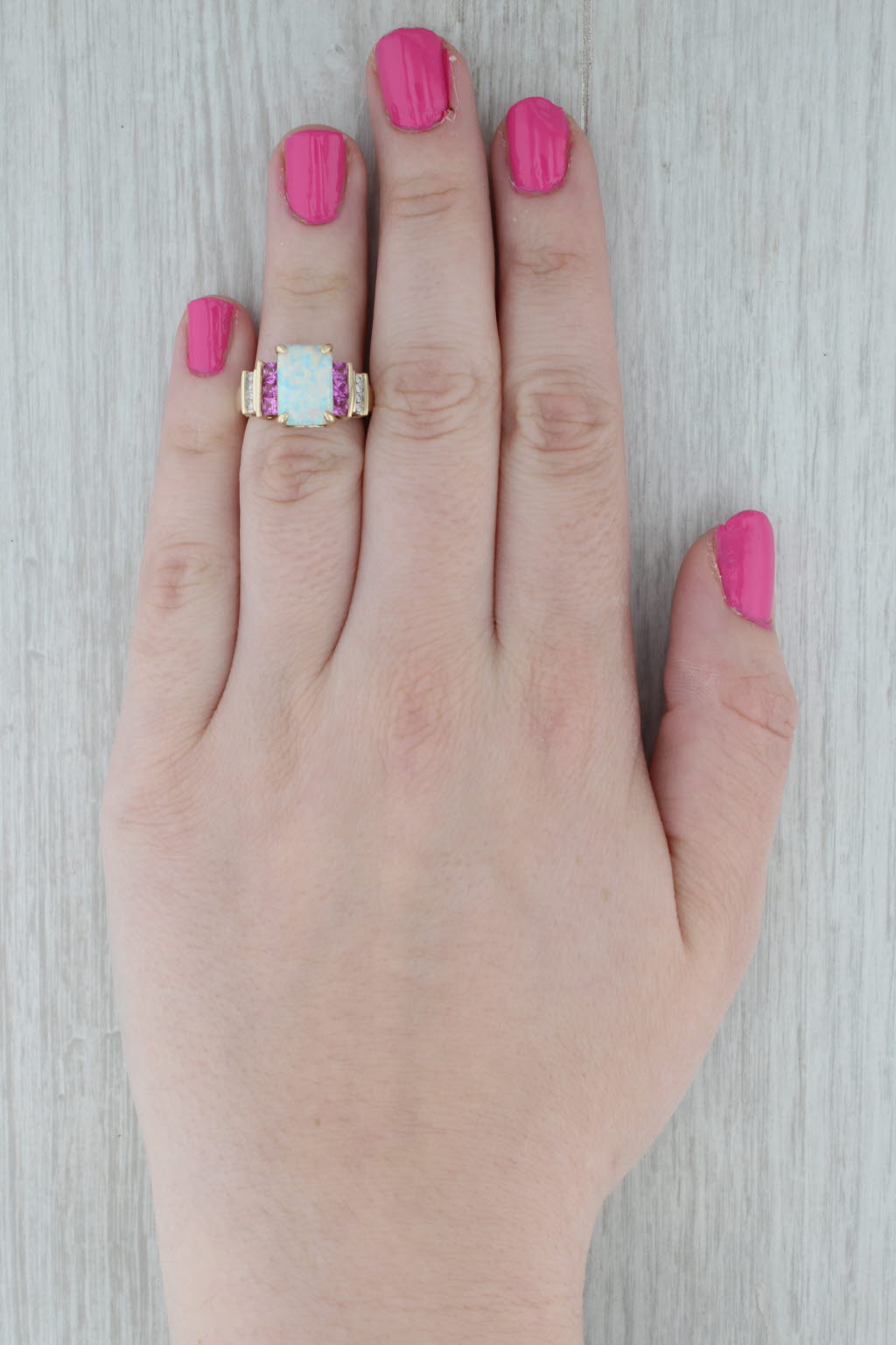 Dark Gray Diamond Lab Created Opal Sapphire Ring 10k Yellow Gold Size 5.25