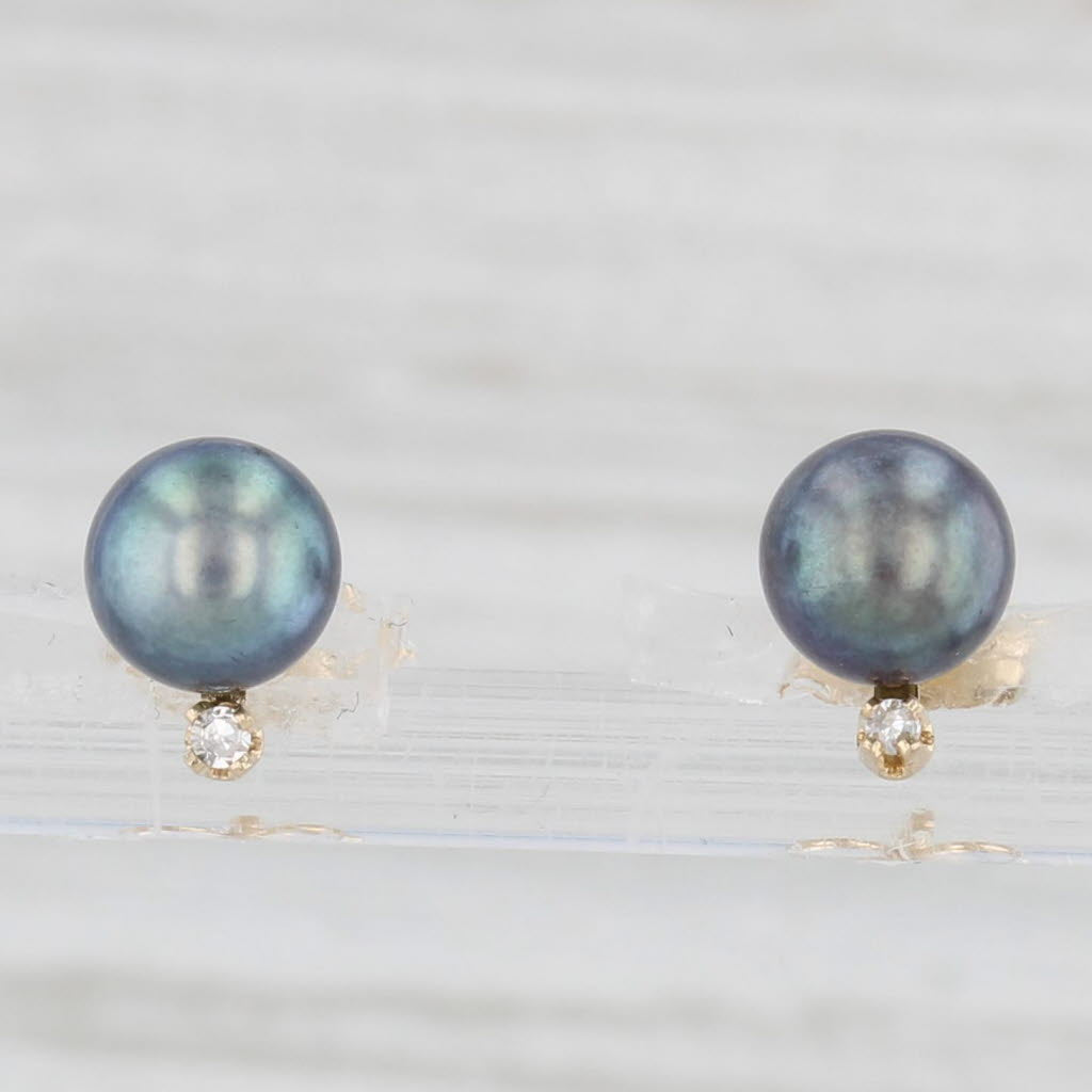 Light Gray Black Cultured Pearl Diamond Stud Earrings 14k Yellow Gold Round Bead Studs