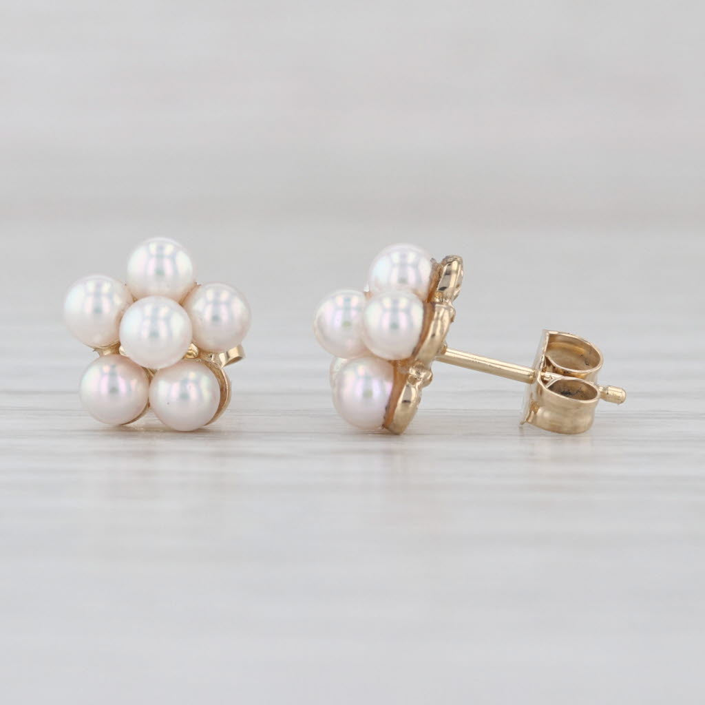 Vintage Cultured Pearl Cluster Stud Earrings 14k Yellow Gold Studs
