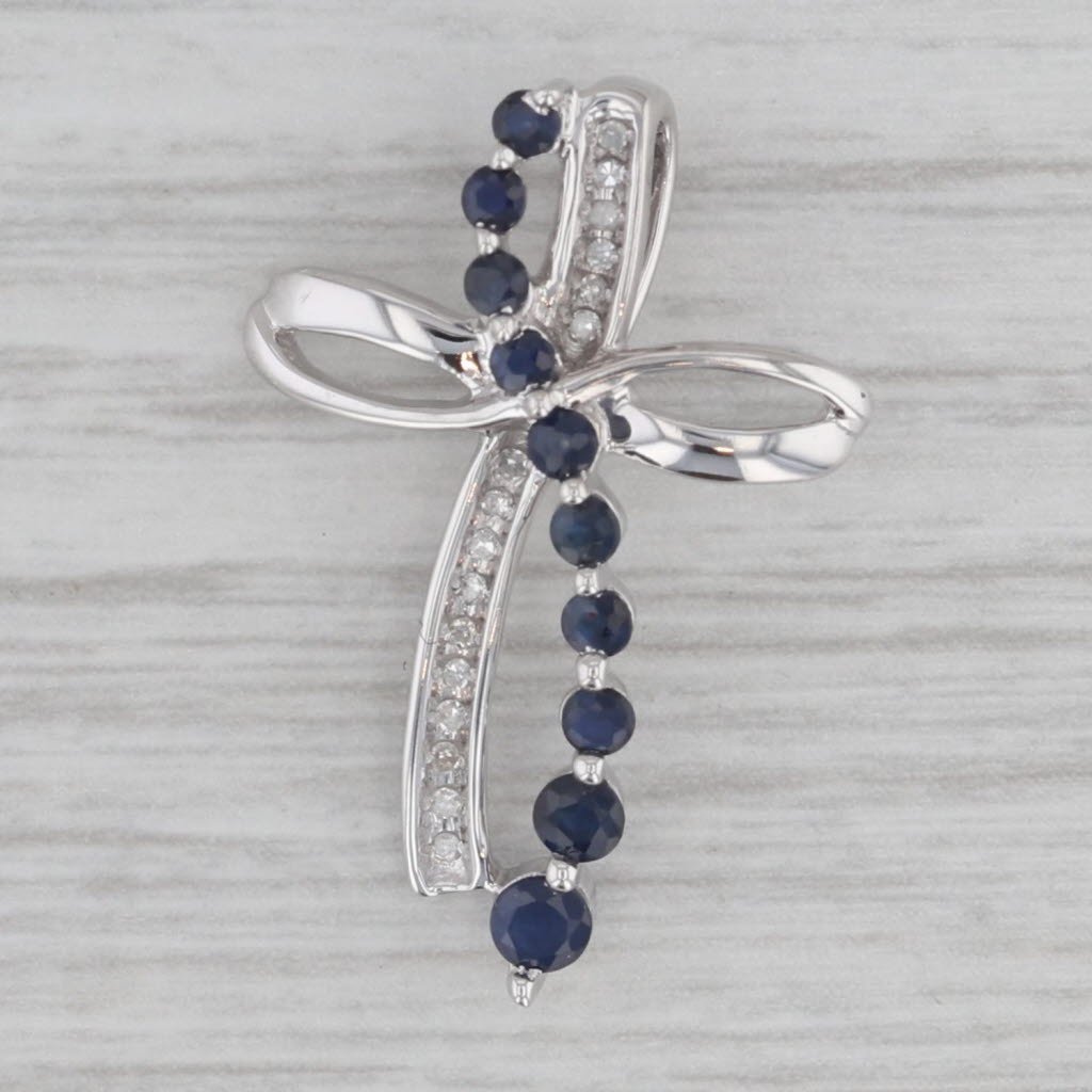 Gray 0.65ctw White Diamond Blue Sapphire Cross Pendant 10k White Gold