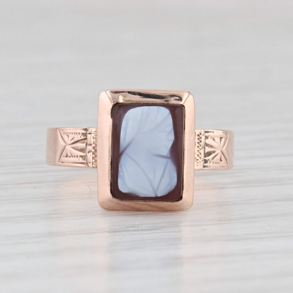 Light Gray Victorian Sardonyx Cameo Ring 9k Rose Gold Size 4.5 Antique Signet