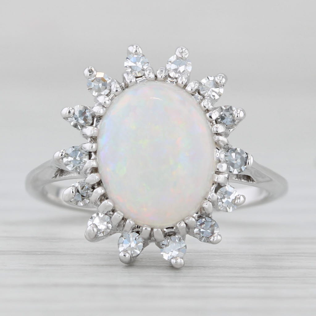 Light Gray Vintage Opal Diamond Halo Ring 14k White Gold Size 4.75