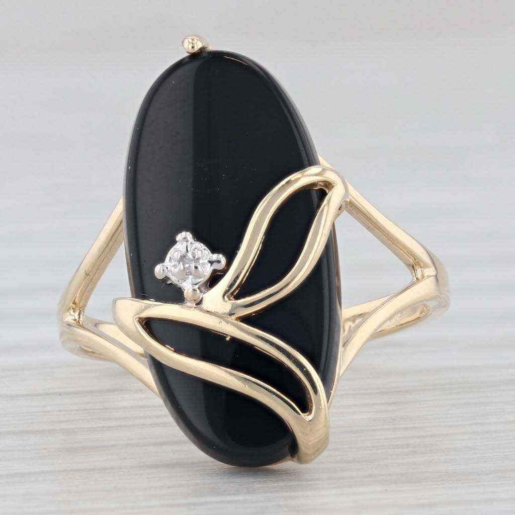 Light Gray Vintage Oval Onyx Flower Signet Ring 10k Yellow Gold Size 7