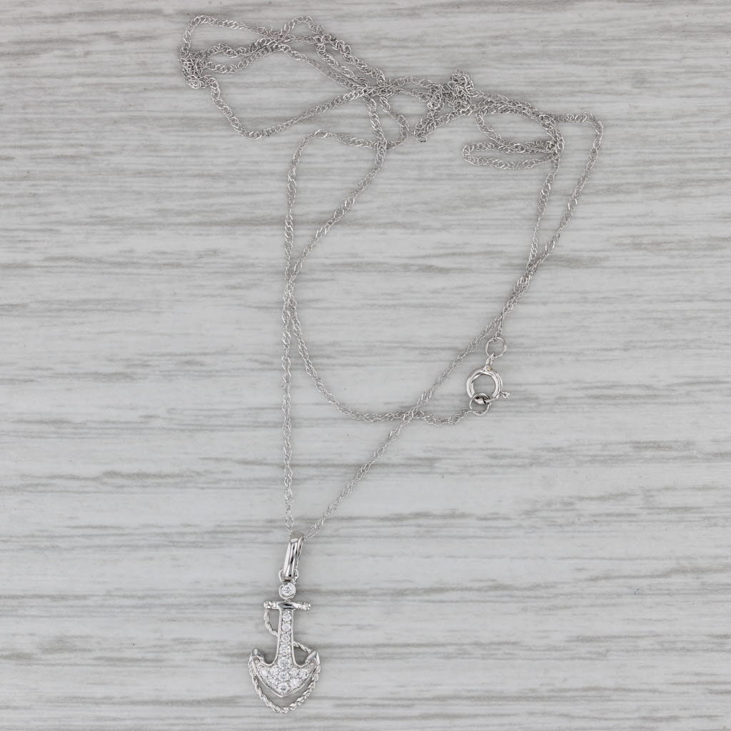Gray New Diamond Anchor Pendant Necklace 14k White Gold 18" Singapore Chain