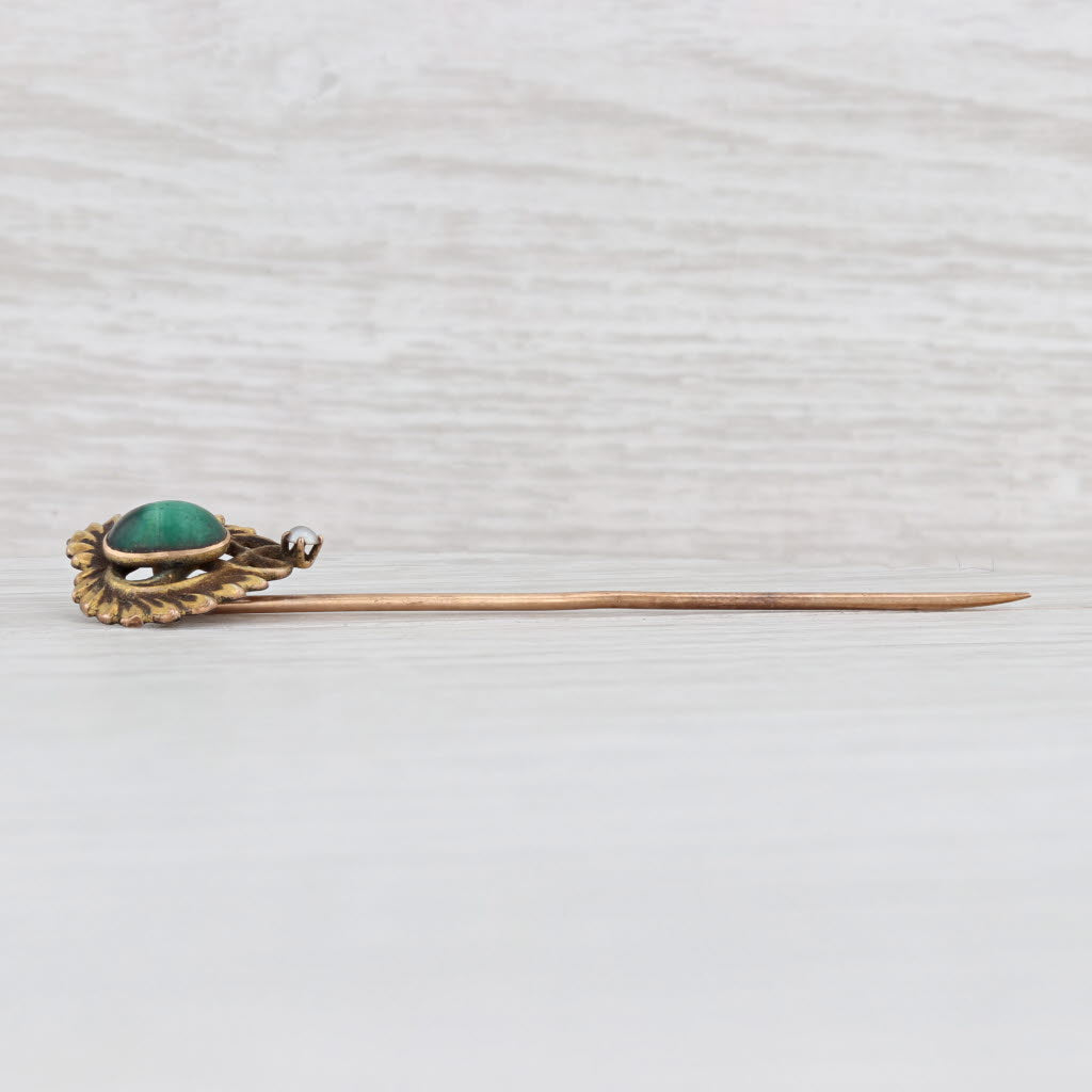 Light Gray Antique Green Malachite Pearl Heart Stickpin 10k Yellow Gold Pin