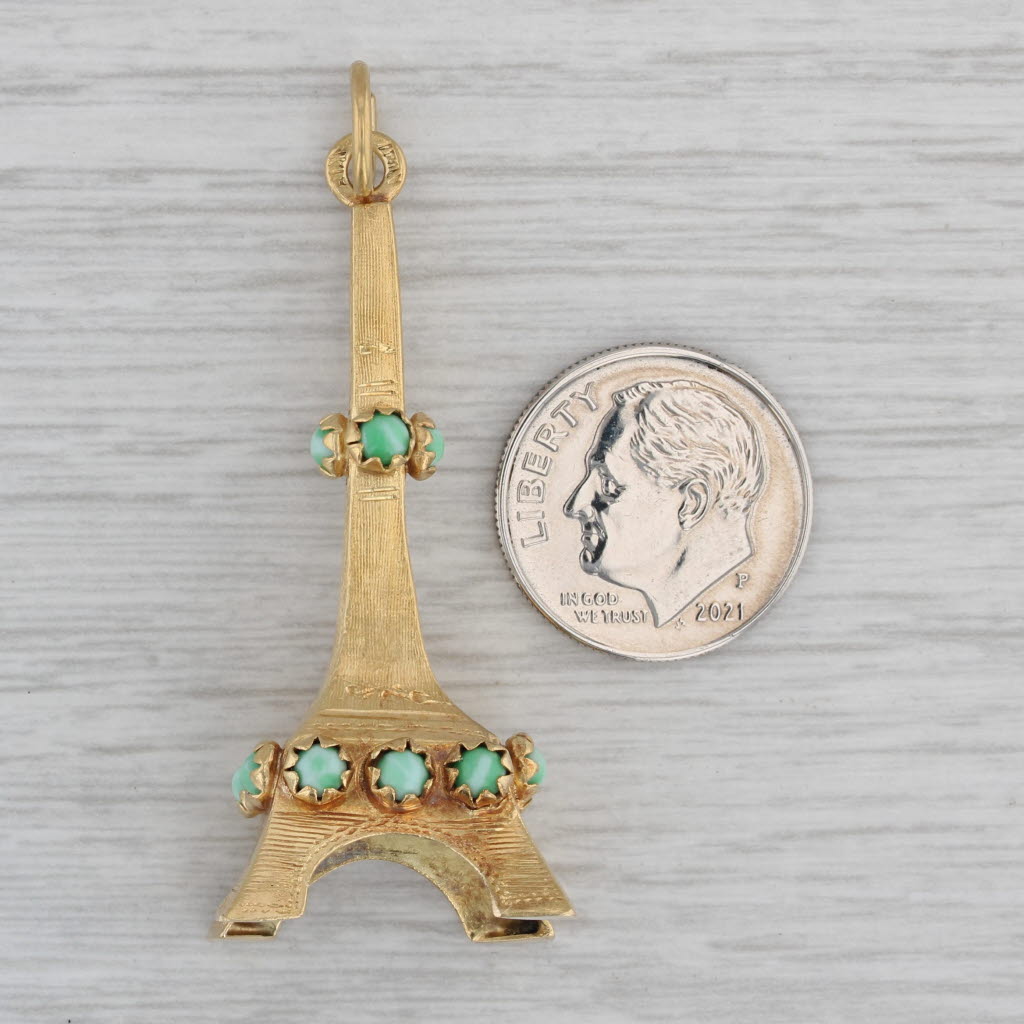 Gray Vintage Glass Accented Eiffel Tower Charm 18k Yellow Gold Paris Souvenir Pendant