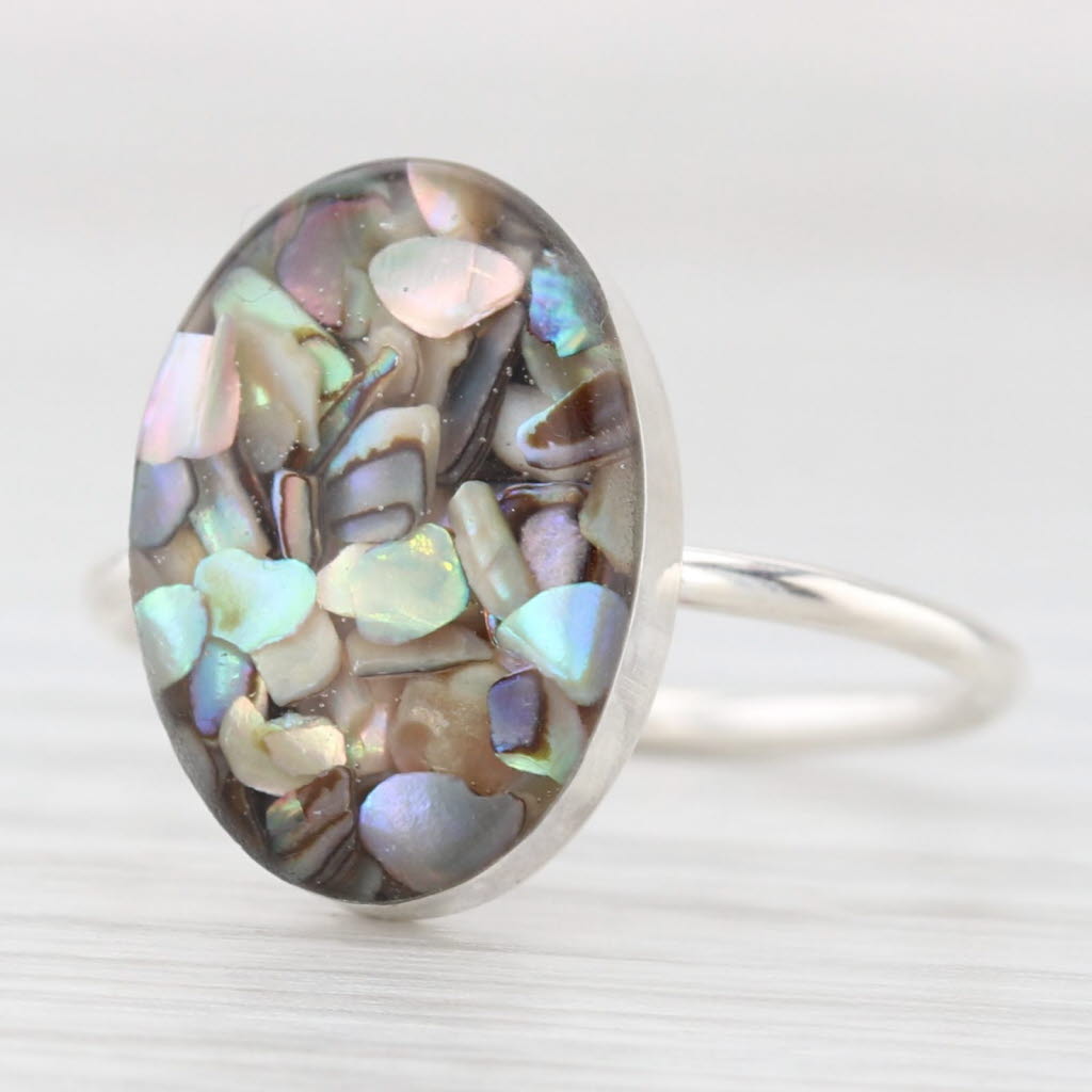 Light Gray Composite Stones Oval Cabochon Ring Sterling Silver Resin Size 6