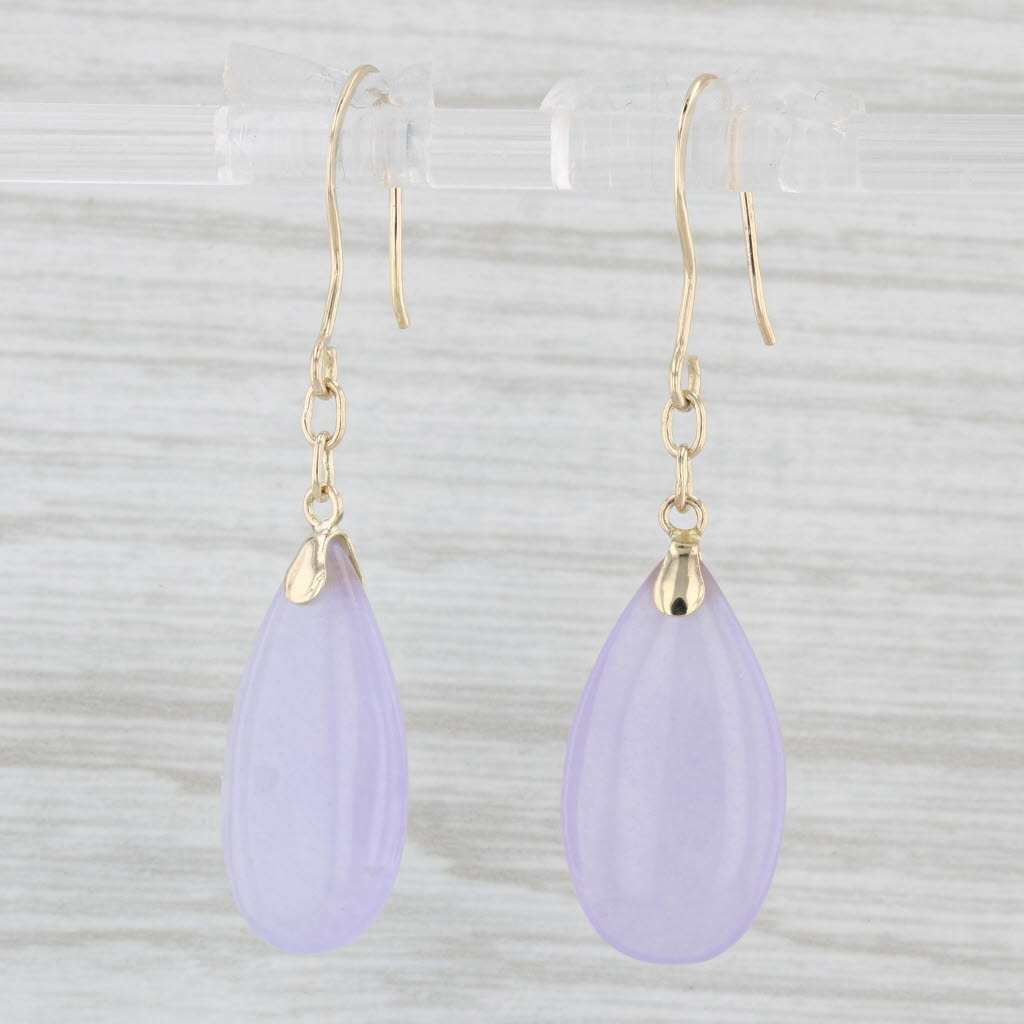 Light Gray Dyed Lavender Chalcedony Dangle Earrings 14k Yellow Gold Hook Posts