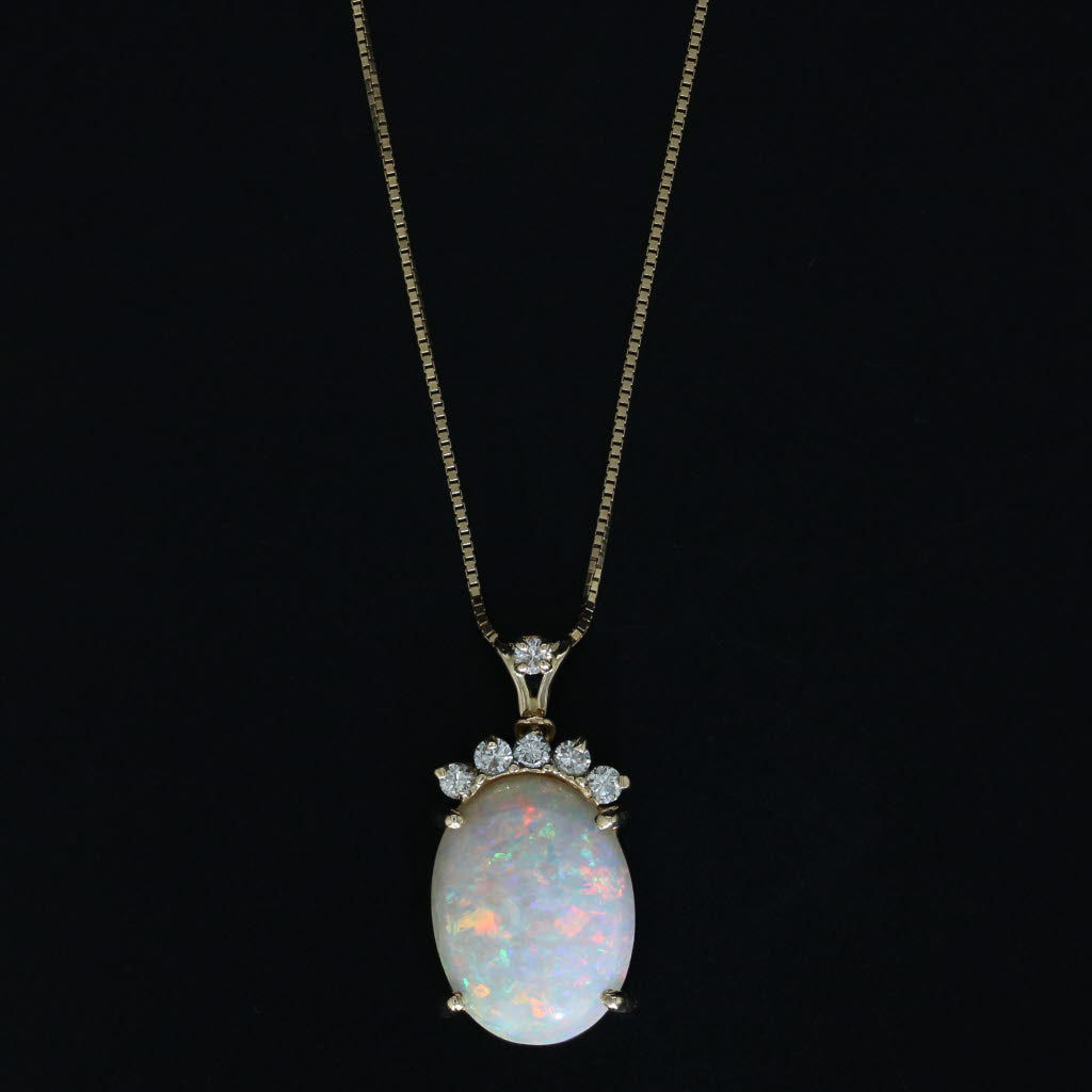 Opal Oval Cabochon 0.20ctw Diamond Pendant 14k Yellow Gold 20" Box Chain