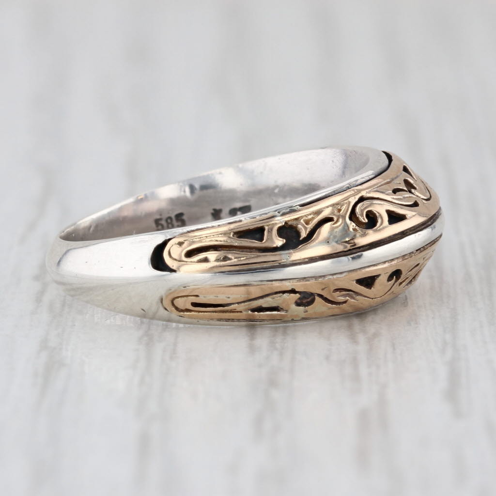 Ornate 2-Toned Ring Sterling Silver 14k Yellow Gold Band Size 6.5 Stackable