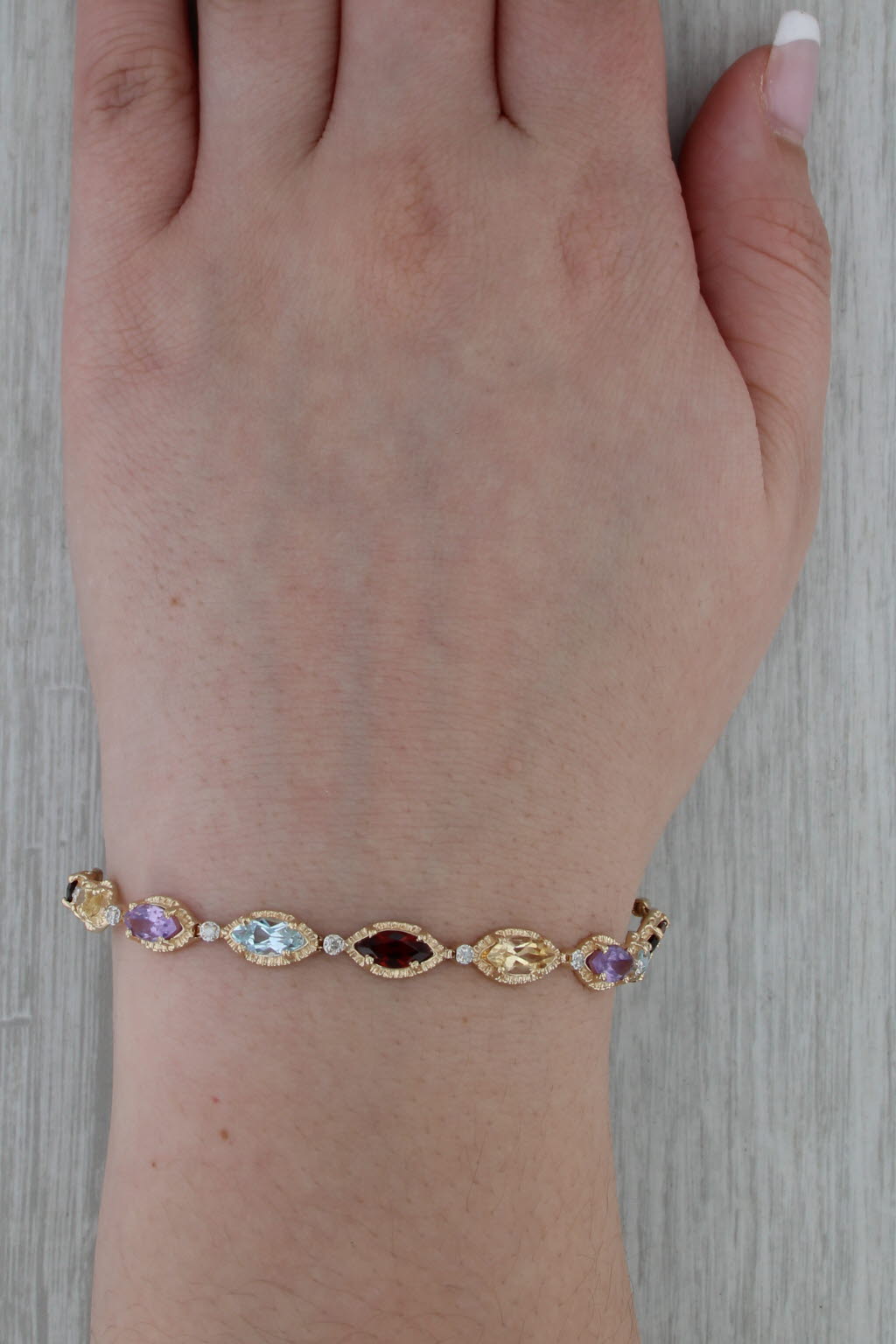 7.96ctw Gemstone Tennis Bracelet 14k Gold Topaz Amethyst Citrine Garnet Diamond