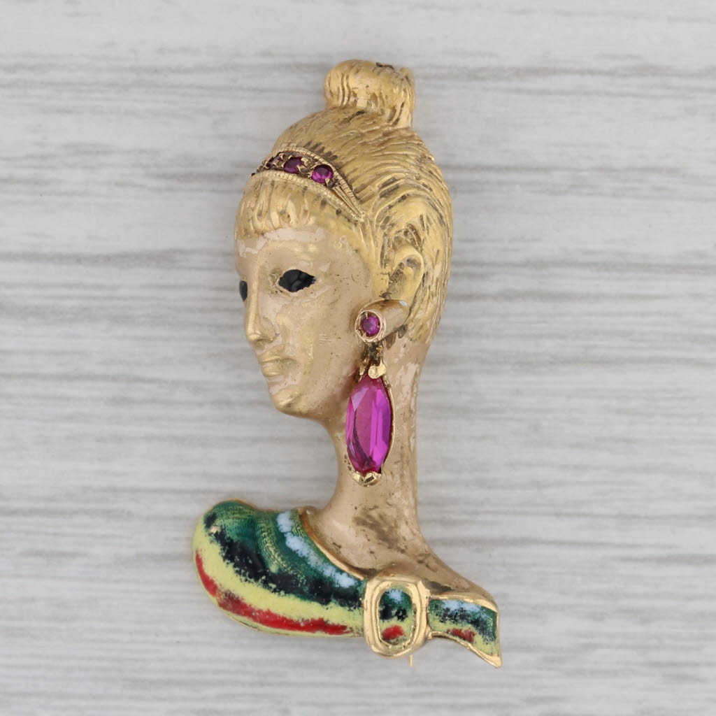 Gray Lab Created Ruby Figural Female Bust Brooch 18k Gold Enamel Pin Italy