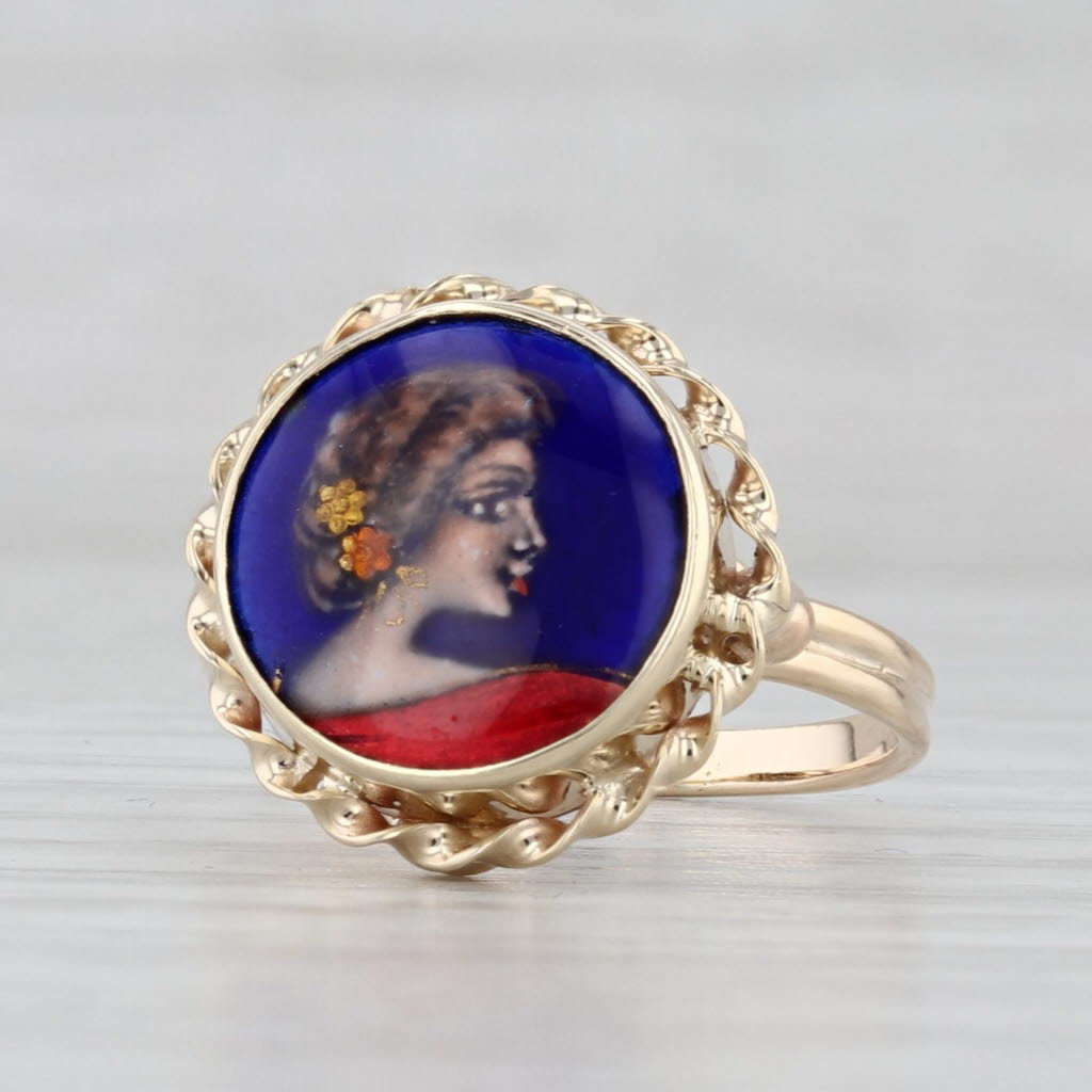 French Hand Painted Portrait of Lady Signet Ring 14k Gold Enamel Glass Size 6.5