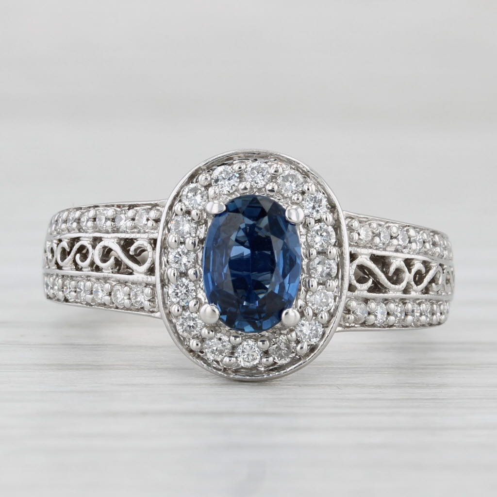 Light Gray 1.39ctw Lab Created Blue Sapphire Diamond Halo Ring 14k White Gold Engagement