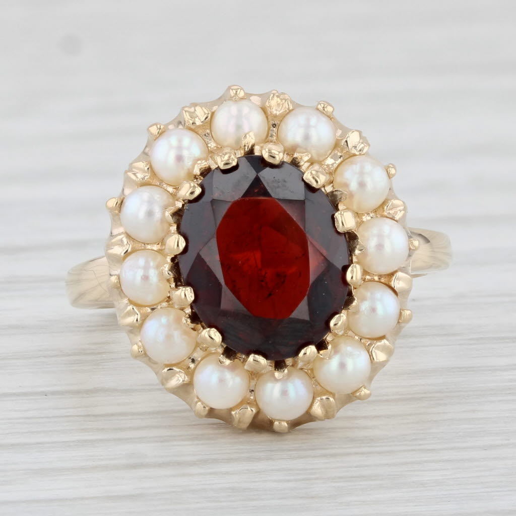 Light Gray 3.15ct Oval Garnet Pearl Halo Ring 14k Yellow Gold Size 6