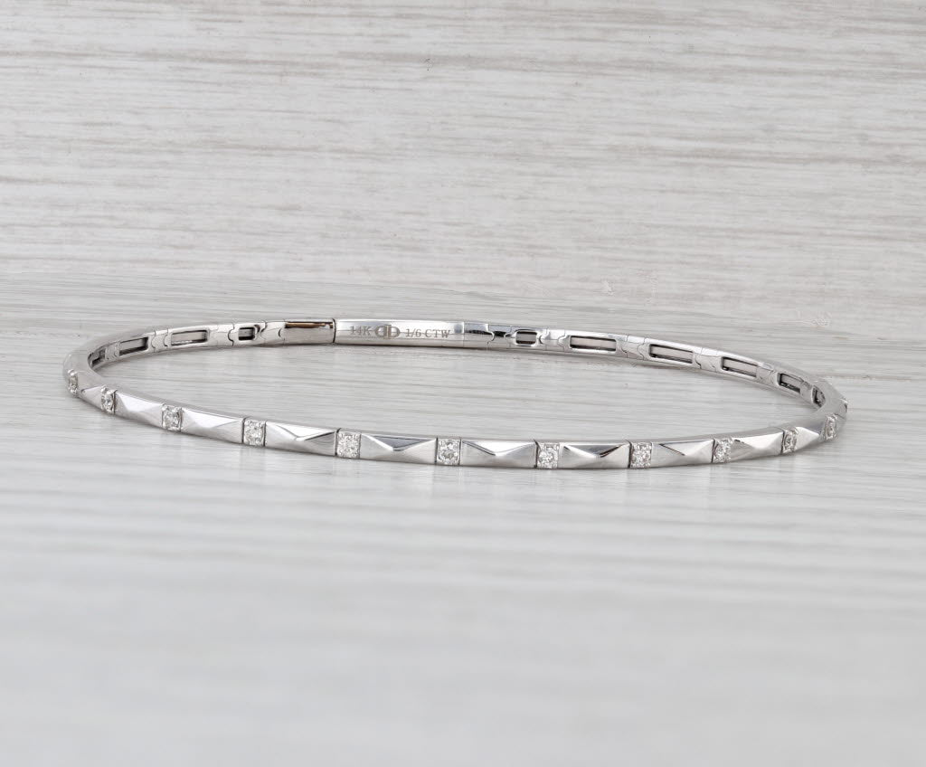 New 0.16ctw Diamond Bead Flexible Bangle Tennis Bracelet 14k White Gold 6.75"