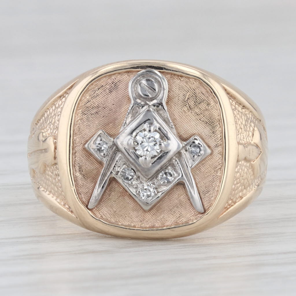 Light Gray 0.10ctw Diamond Masonic Signet Ring 10k Gold Size 10.25 Square Compass Tools