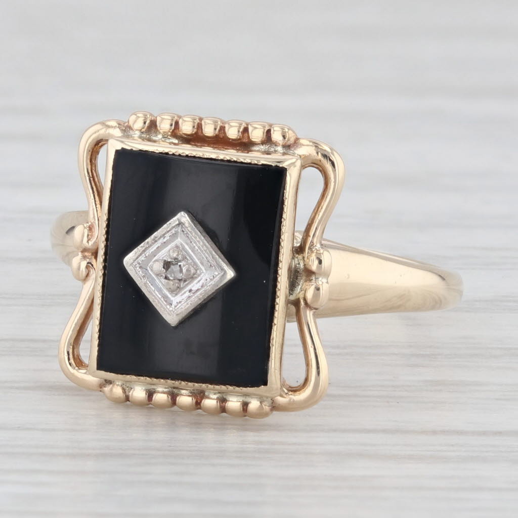 Light Gray Vintage Rectangle Onyx Diamond Signet Ring 10k Yellow Gold Size 6.25