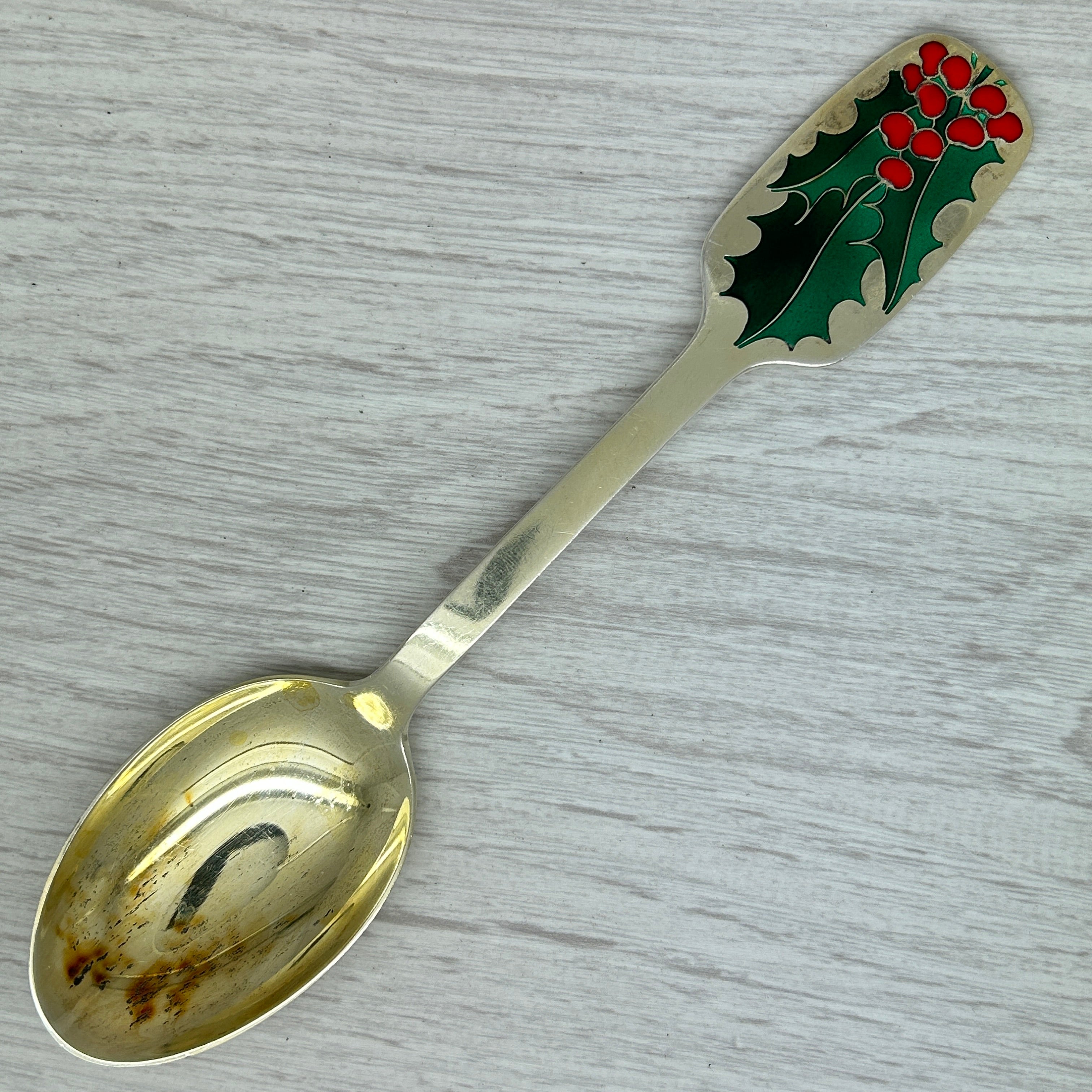 Dark Gray Vintage 1946 Anton Michelsen Sterling Silver & Enamel Christmas Spoon Denmark