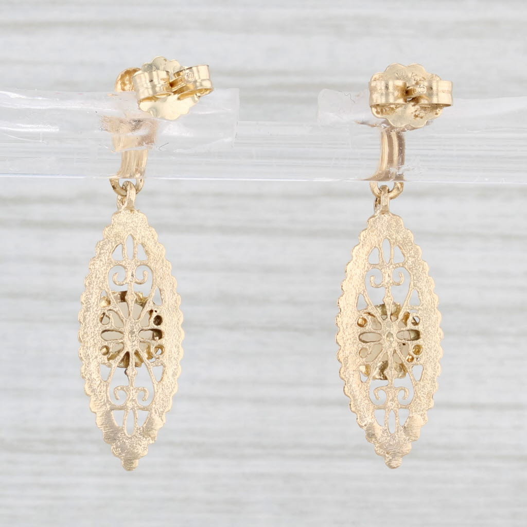 Light Gray Opal Filigree Dangle Earrings 14k Yellow Gold Pierced Drops