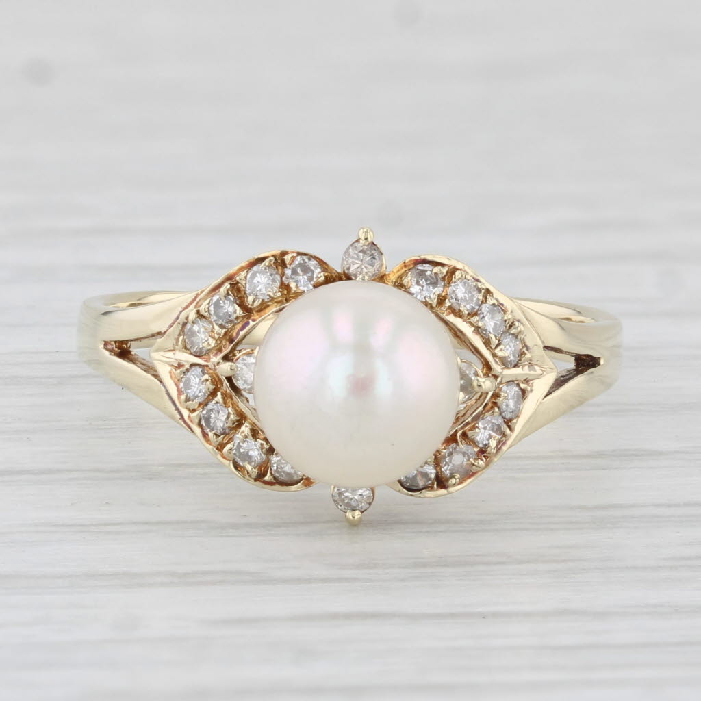 Light Gray Vintage Cultured Pearl 0.18ctw Diamond Ring 14k Yellow Gold Size 7.75