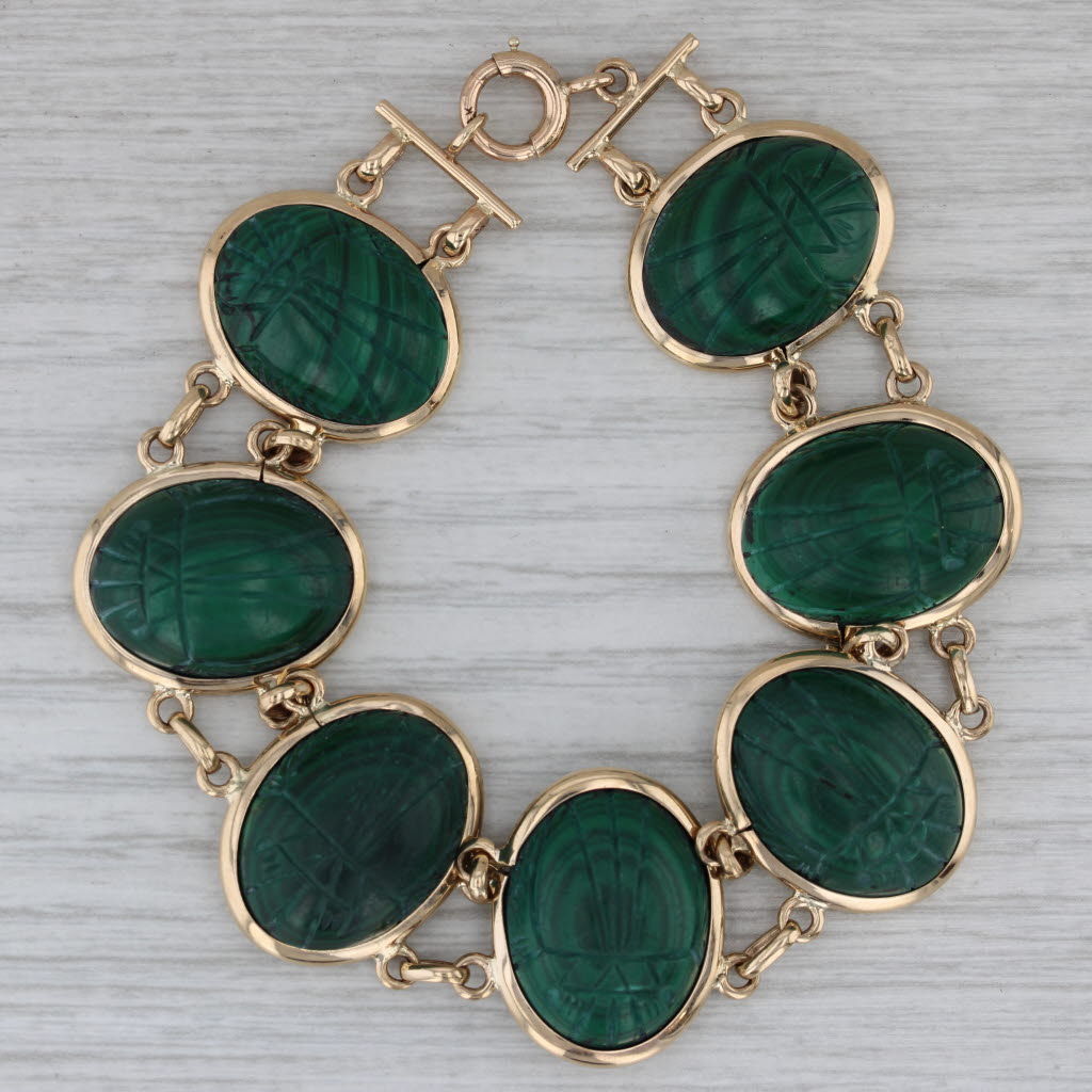 Gray Scarab Carved Green Malachite Bracelet 14k Yellow Gold 7" 22mm
