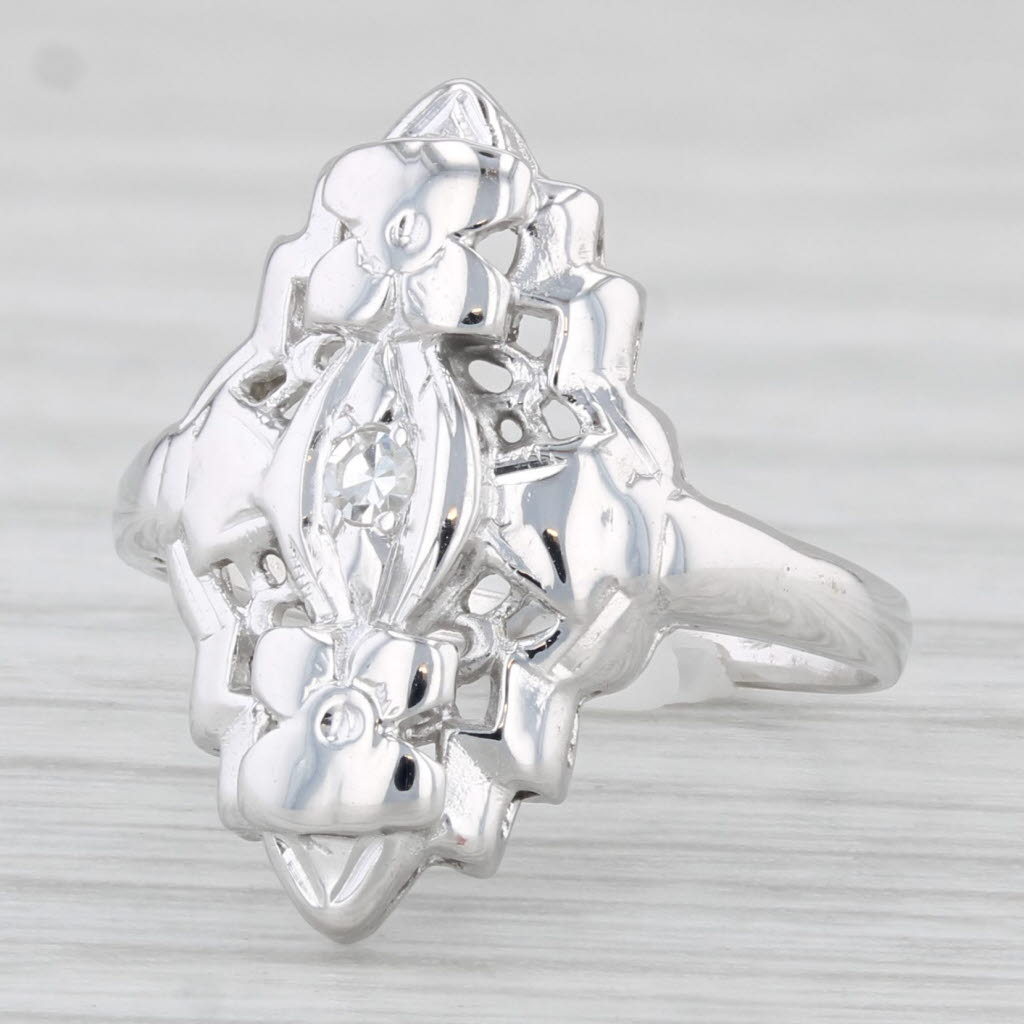 Light Gray Vintage VS2 Diamond Ring 14k White Gold Size 4 Floral Accents