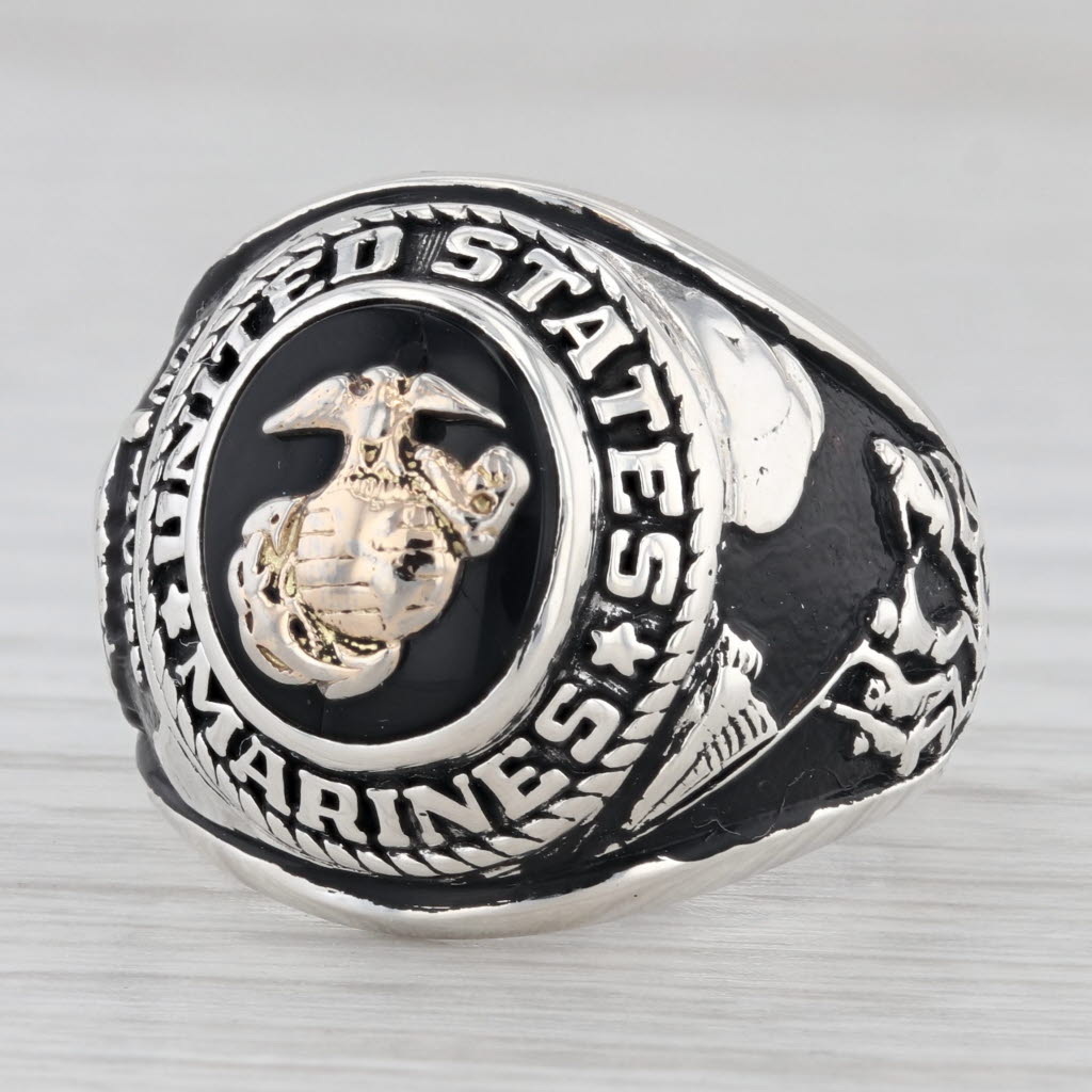 Light Gray United States Marine Corps Onyx Signet Ring Sterling Silver Size 9 AS IS