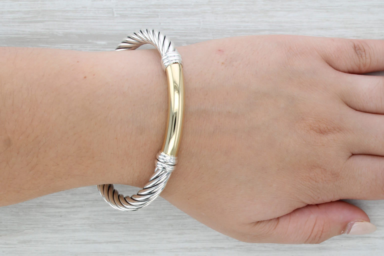 Cable Bangle Bracelet Sterling Silver 18k Gold 7.5" 7.4mm Hinged Snap Clasp
