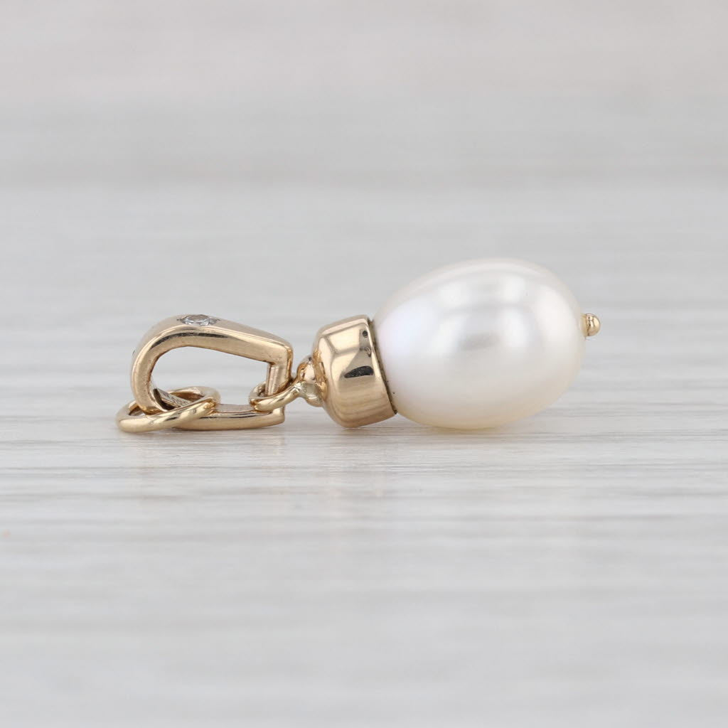 Cultured Pearl and Diamond Pendant 14k Yellow Gold Small Drop