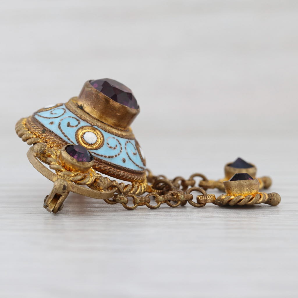 Vintage Etruscan Style Brooch Purple Glass Enamel Pin