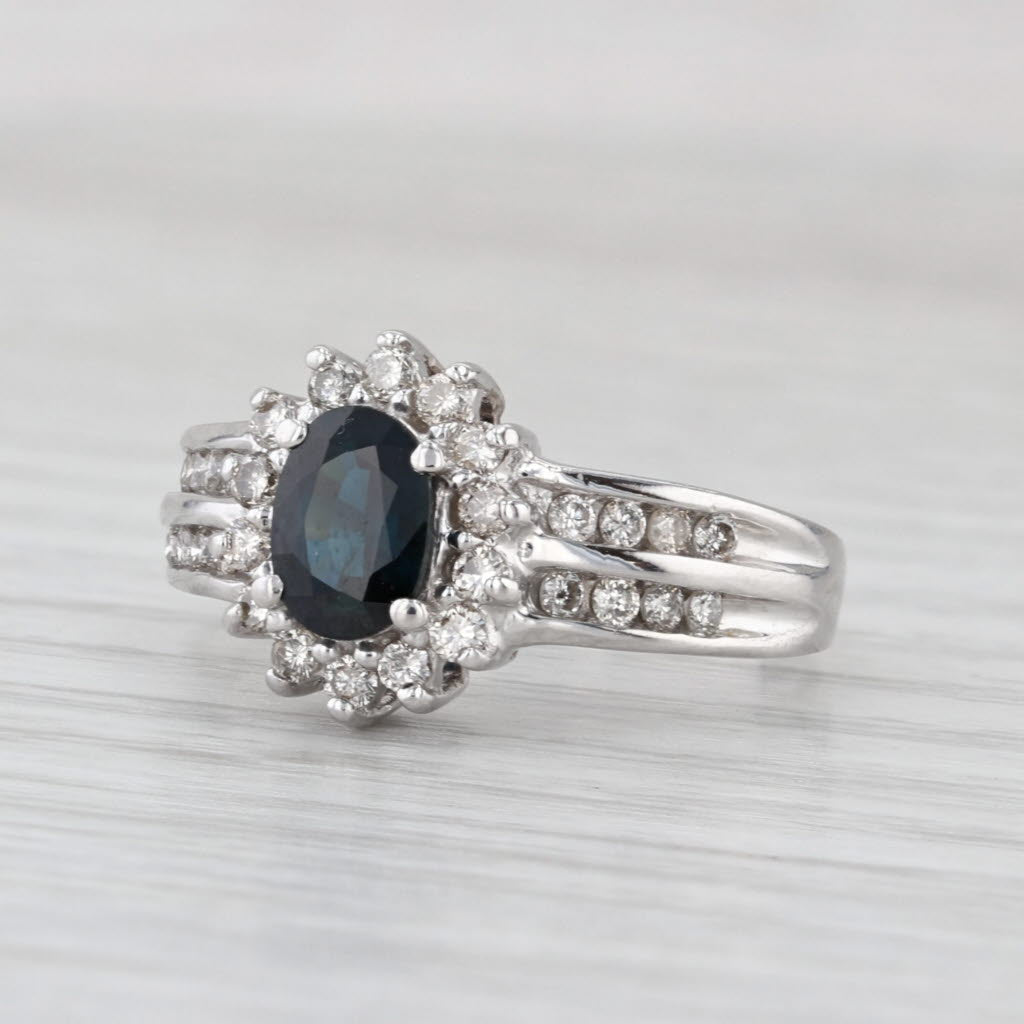 1.37ctw Oval Blue Sapphire Diamond Halo Ring 14k White Gold Size 7