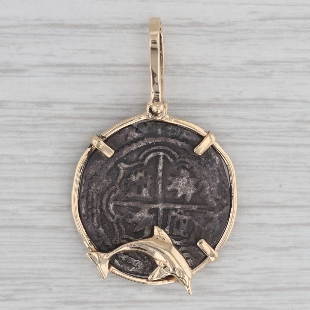 Gray Ancient Coin Copy Dolphin Bezel Pendant 14k Gold Silver Nautical Jewelry