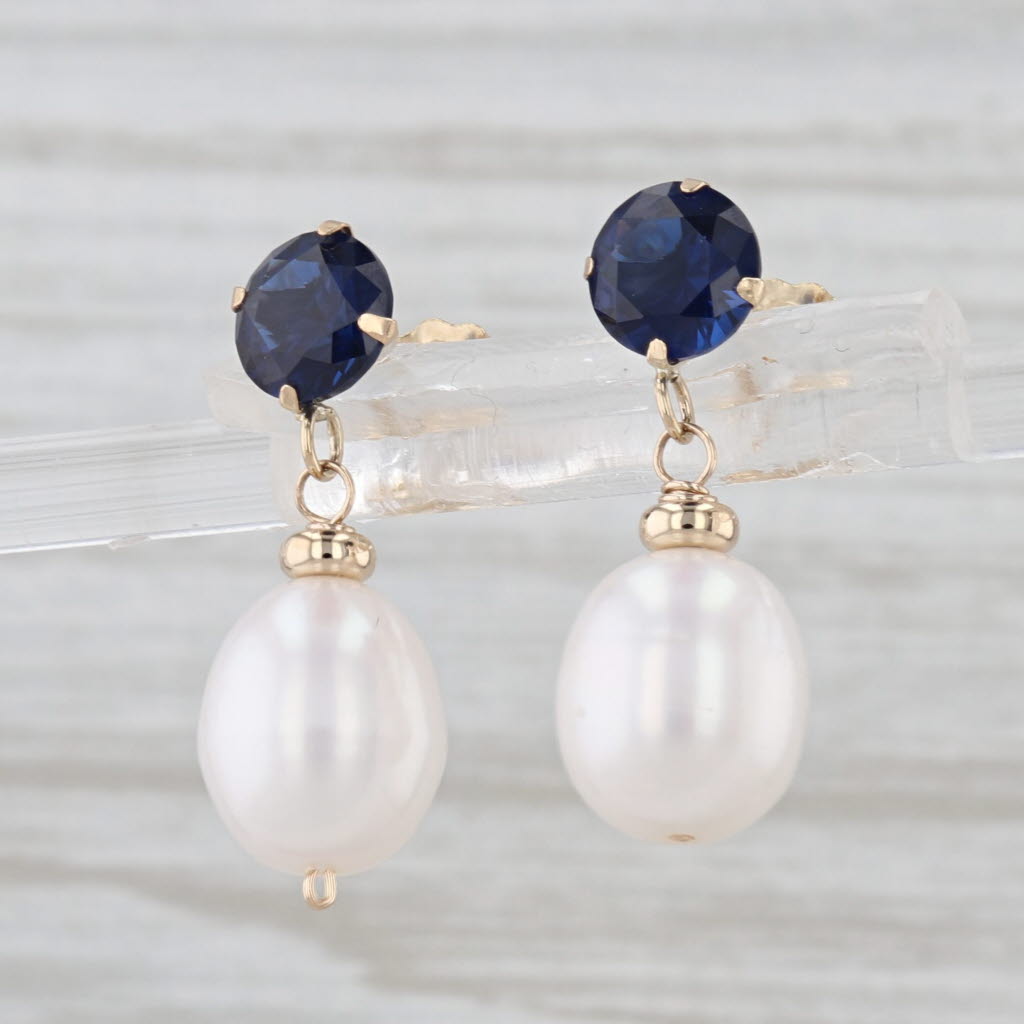 Cultured Pearl Blue Glass Drop Earrings 14k Yellow Gold Butterfly Backs