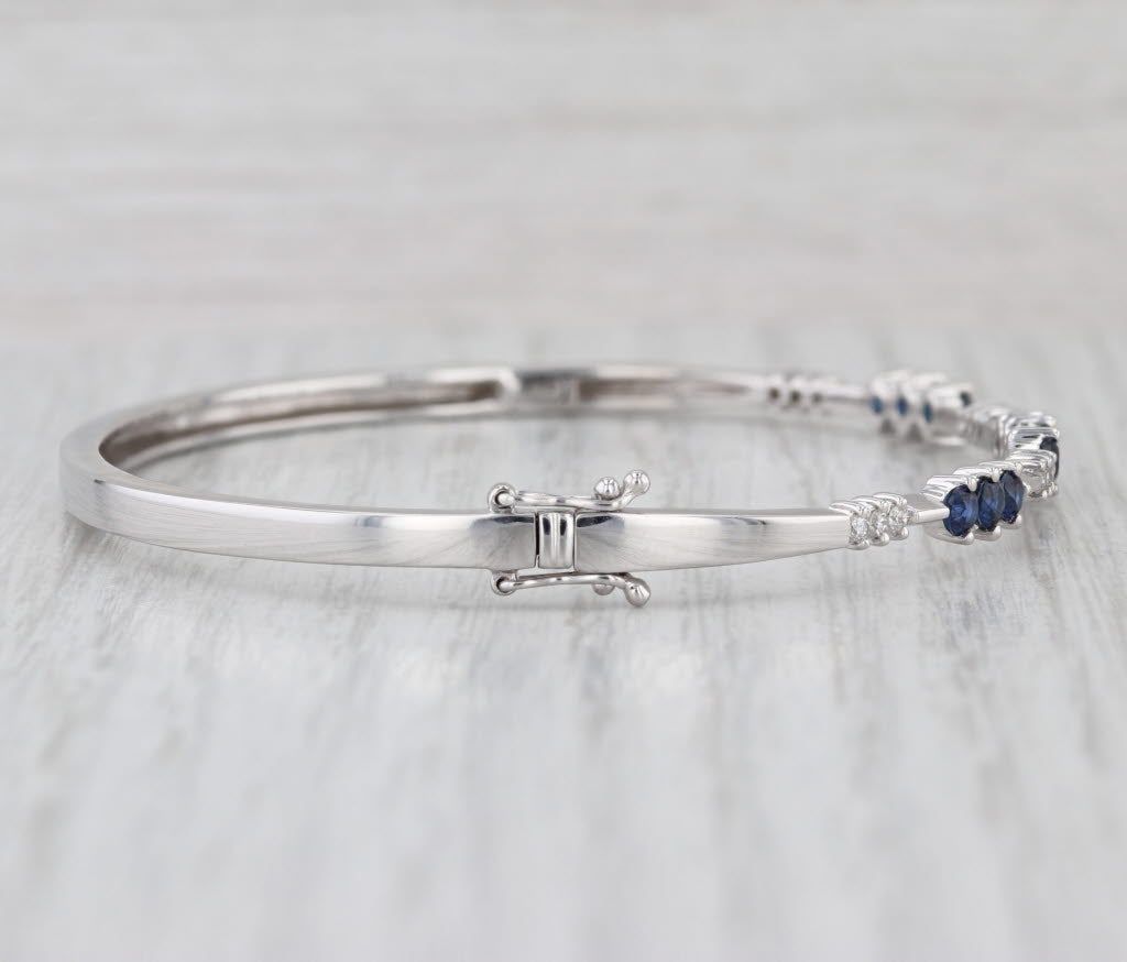 1.27ctw Blue Sapphire Diamond Bangle Bracelet 14k White Gold 7"