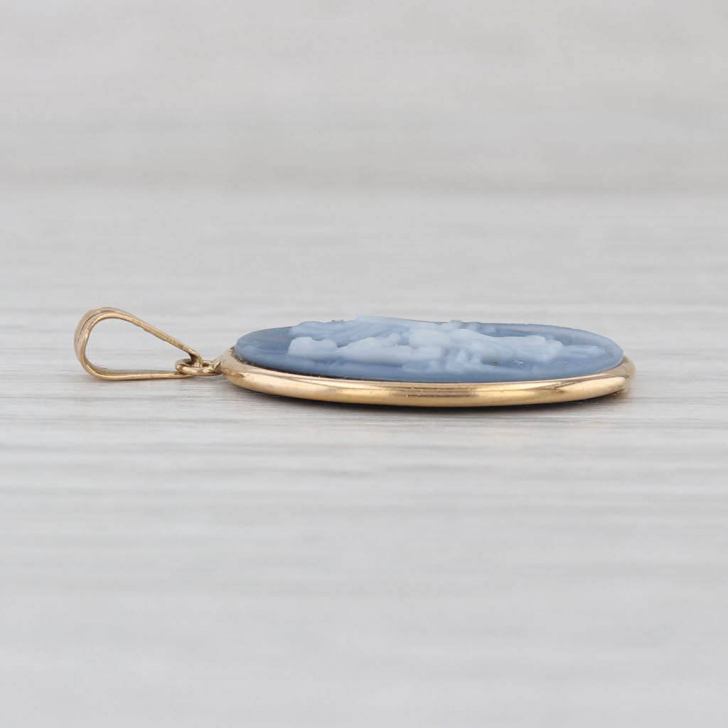 Black White Chalcedony Mother Child Playing Piano Carving Pendant 14k Gold