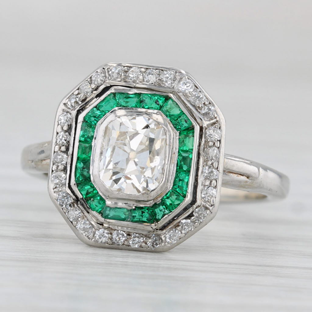 Light Gray Vintage 1.25ctw Emerald Diamod Halo Ring 14K Gold Platinum Size 6.25 Engagement