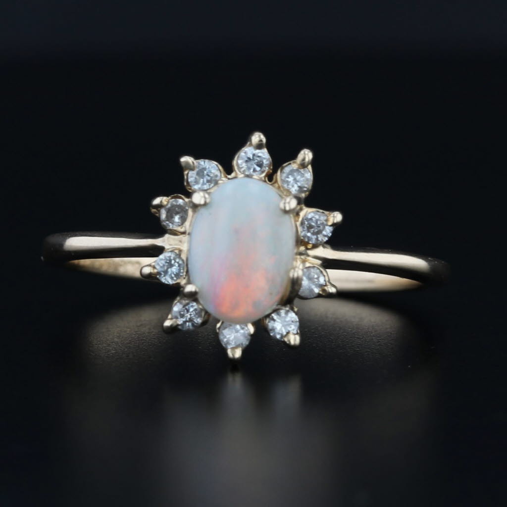 Opal Cabochon Diamond Halo Ring 14k Yellow Gold Size 7.5