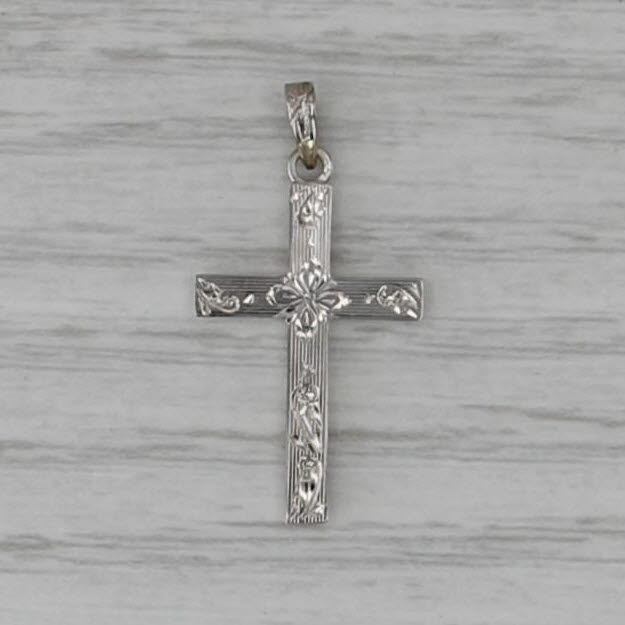 Floral Etched Cross Pendant 10k White Gold Small Drop